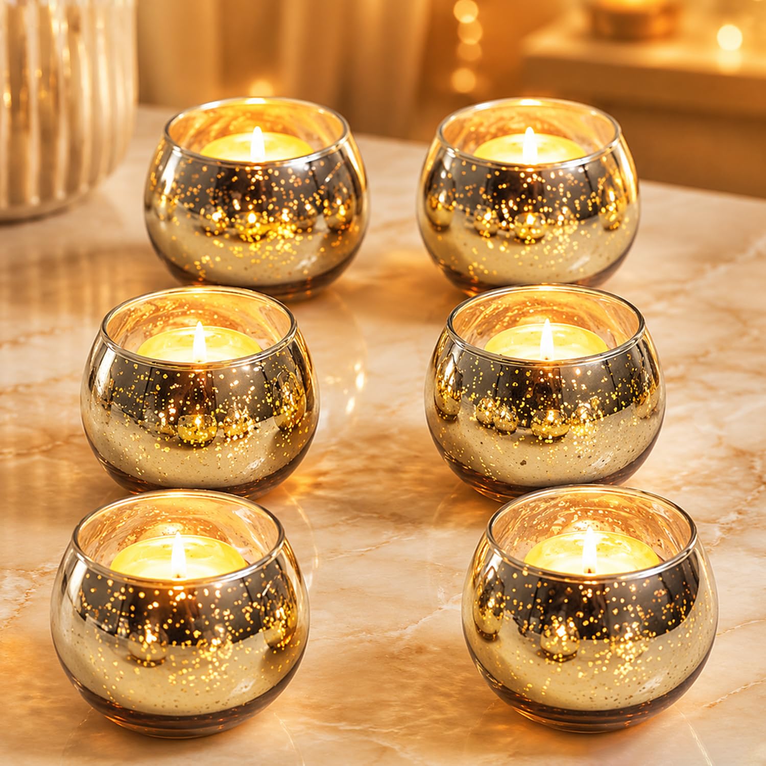 6pcs Round Mercury Glass Votive Candle Holders - Elegant Gold Tealight Candle Holders for Table Centerpieces, Weddings, Rehearsal Dinners, Halloween & Thanksgiving Decorations Indoor (Gold)