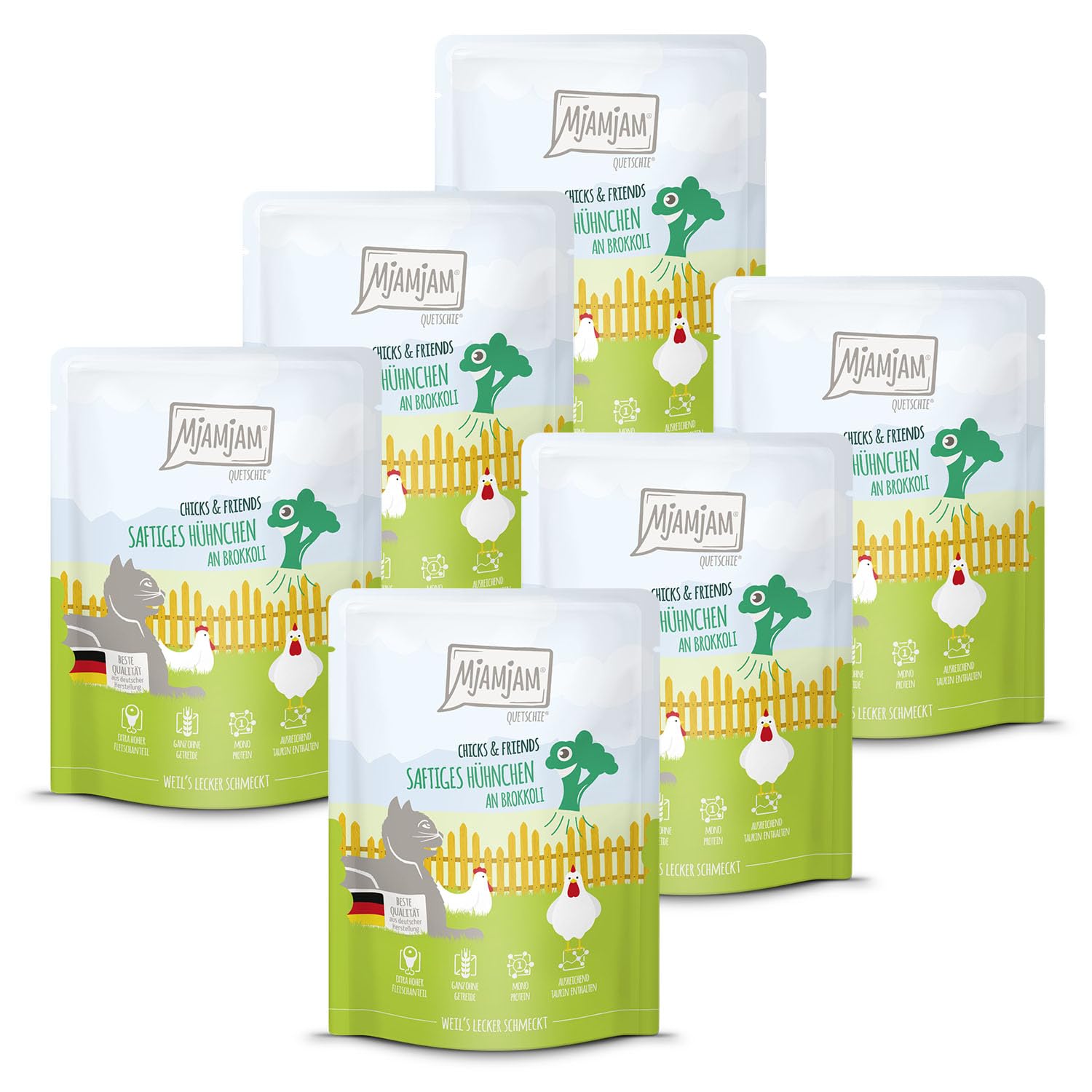 MjAMjAM - Premium wet food for cats - Quetschie - Chicks & Friends juicy chicken with broccoli, 6 pack (6 x 300g), grain-free