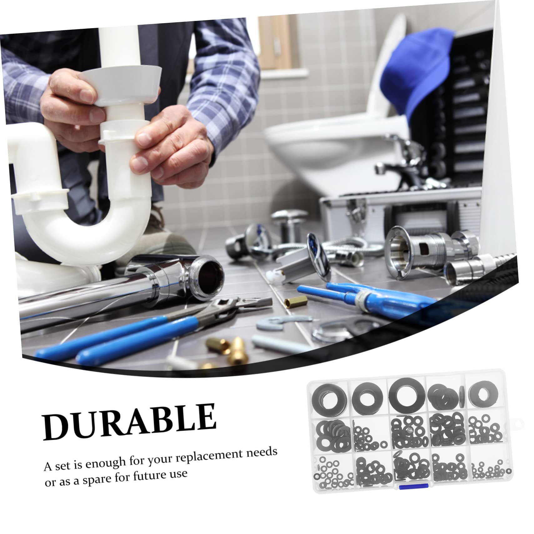 OSALADI Guarnizioni Rubinetto 215 Pezzi, Rondella di Tenuta in Plastica Nera, Assortimento Piatto e Smussato per Lavandino Bagno e Cucina, Riparazione Perdite