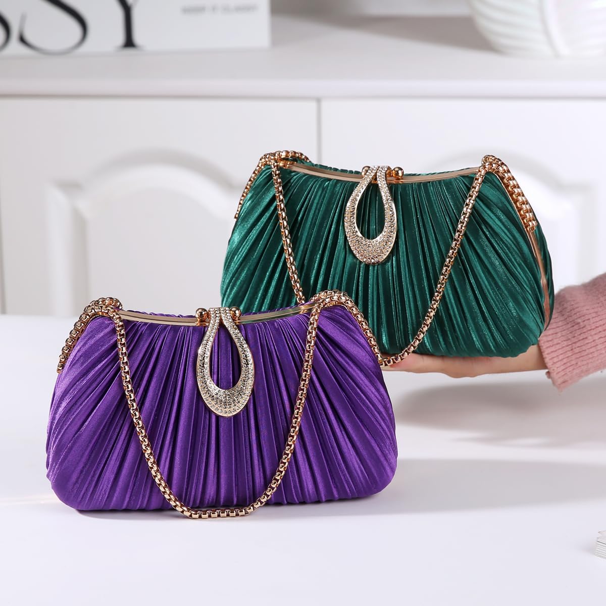 Dreubea Elegant Evening Bag with Crystal Lock & Dual Chains - Soft Clutch for Women