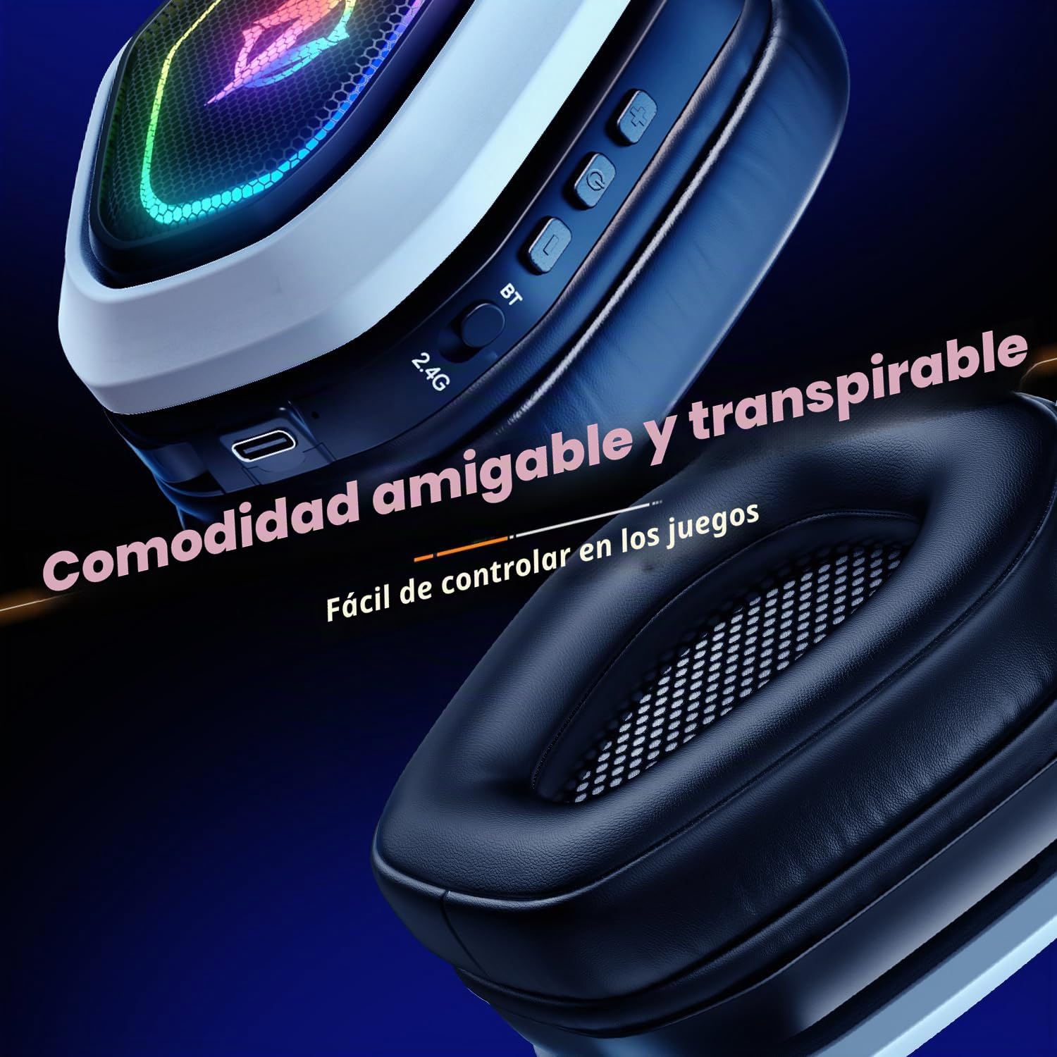 Ozeino Cascos Gaming Inalámbricos para PC/PS5/PS4, Auriculares Gaming Inalámbricos de 2,4GHz Wireless+Bluetooth, Baja Latencia Calidad de Sonido sin Pérdidas, Duración 30Hr+
