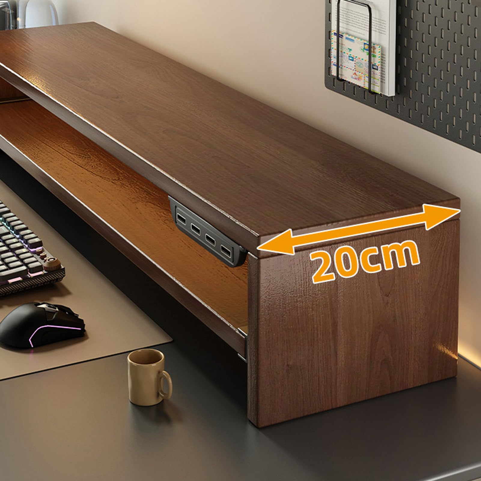 Fockety Podstawka Pod Monitor 2-poziomowy Organizer na Biurko z szufladą, Gniazdkami Prądu Zmiennego i Portem USB, Stojak na Monitor Komputerowy (Orzech Brązowy)