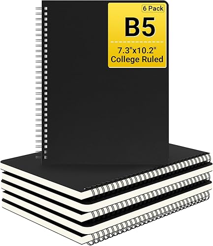 EUSOAR Cuaderno de espiral con rayas universitarias, B5, paquete de 6 unidades, 7.3 x 10.2 pulgadas, 120 páginas, tapa dura, negra, cuaderno de