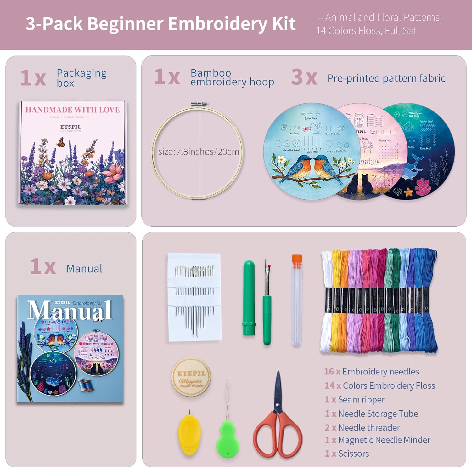 ETSPIL Beginner Embroidery Kit for Teens & Adults - 3-Pack, 19 Stitches, Pre-Stamped Patterns, Needle Minder, 7.8-Inch Hoop, Threads & Needles, Guide & Video - DIY Craft Gift for Women