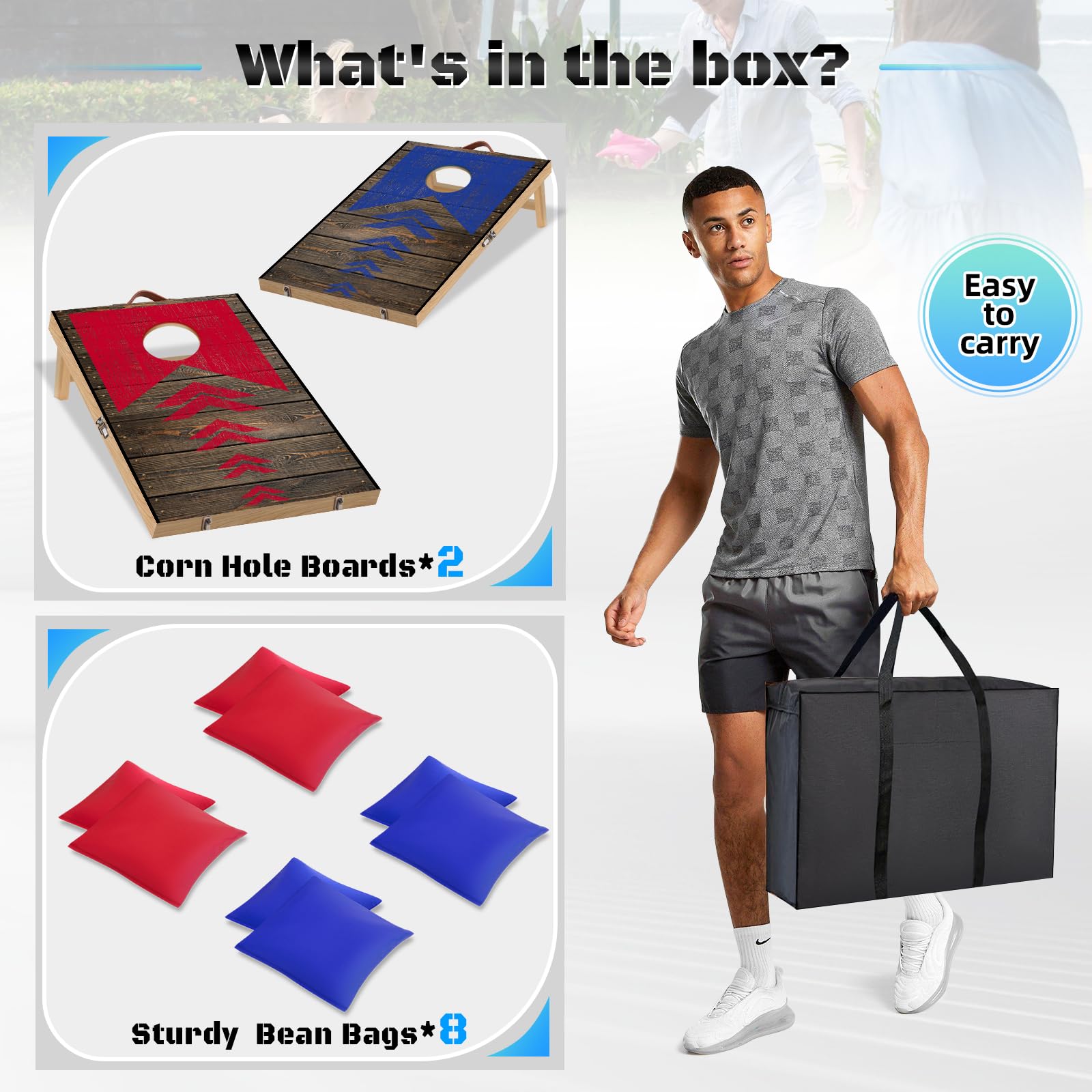 NZQXJXZ Juego de Cornhole de madera para exteriores, juego de Cornhole 2 en 1 con 8 bolsas de frijoles y bolsa de transporte para patio, césped, playa, camping al aire libre