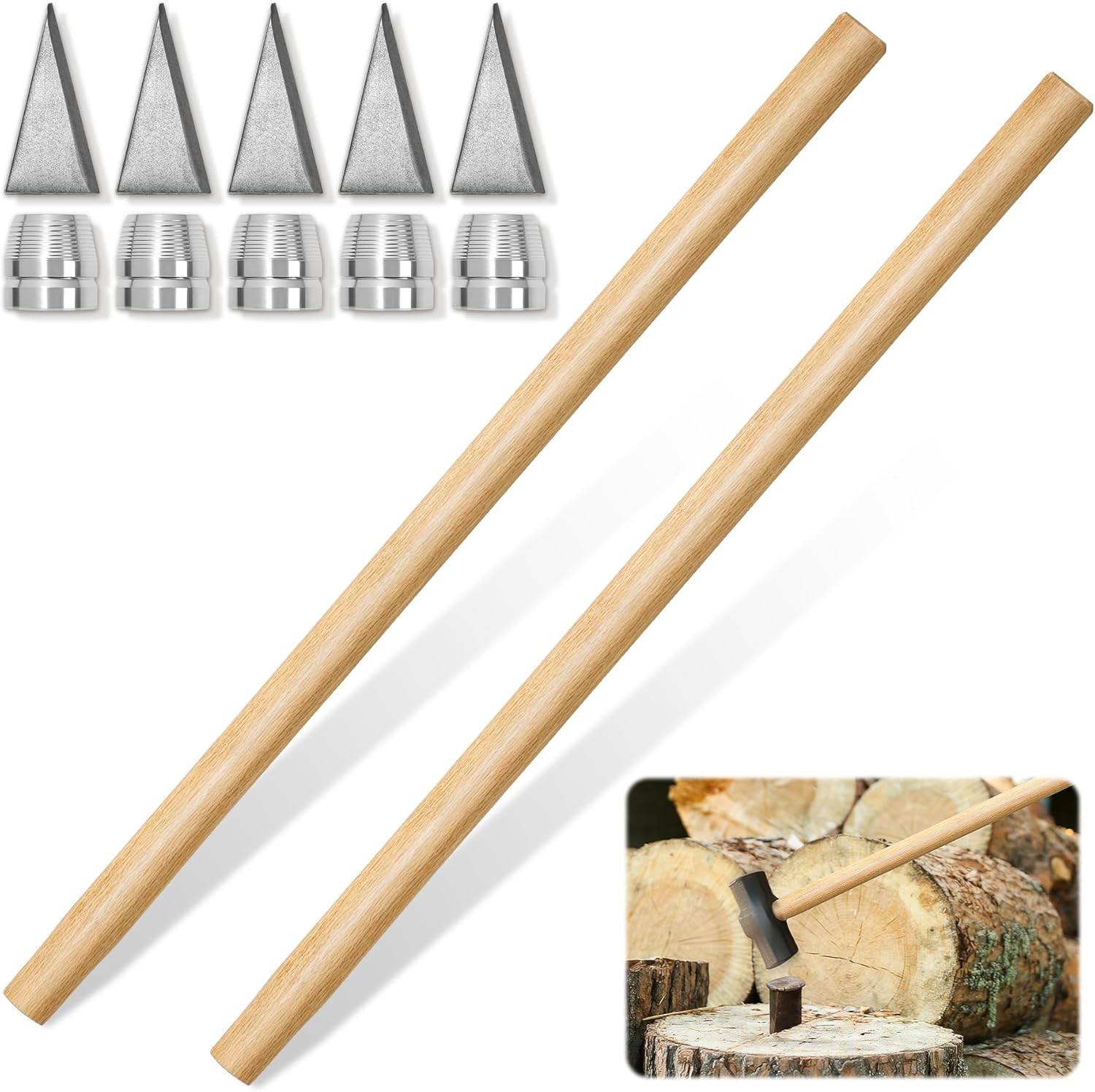 36" Sledge Hammer Handle Replacement, Heavy Duty Wood Hammer Handle with Circular and Triangular Fastening Fittings, 2 Piece Set