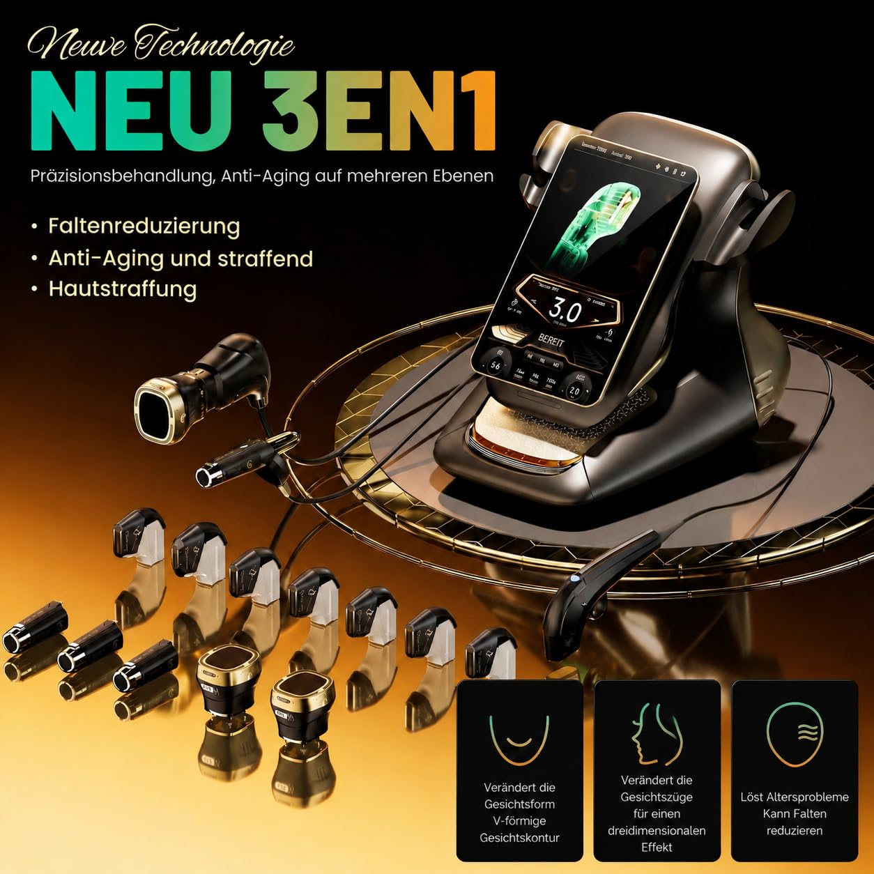 3-in-1 Anti-Aging-Gerät mit RF, EMS und Ultraschall, Faltenentfernung, Hautstraffung und Anti-Schwellungen, 15,1-Zoll-HD-Touchscreen