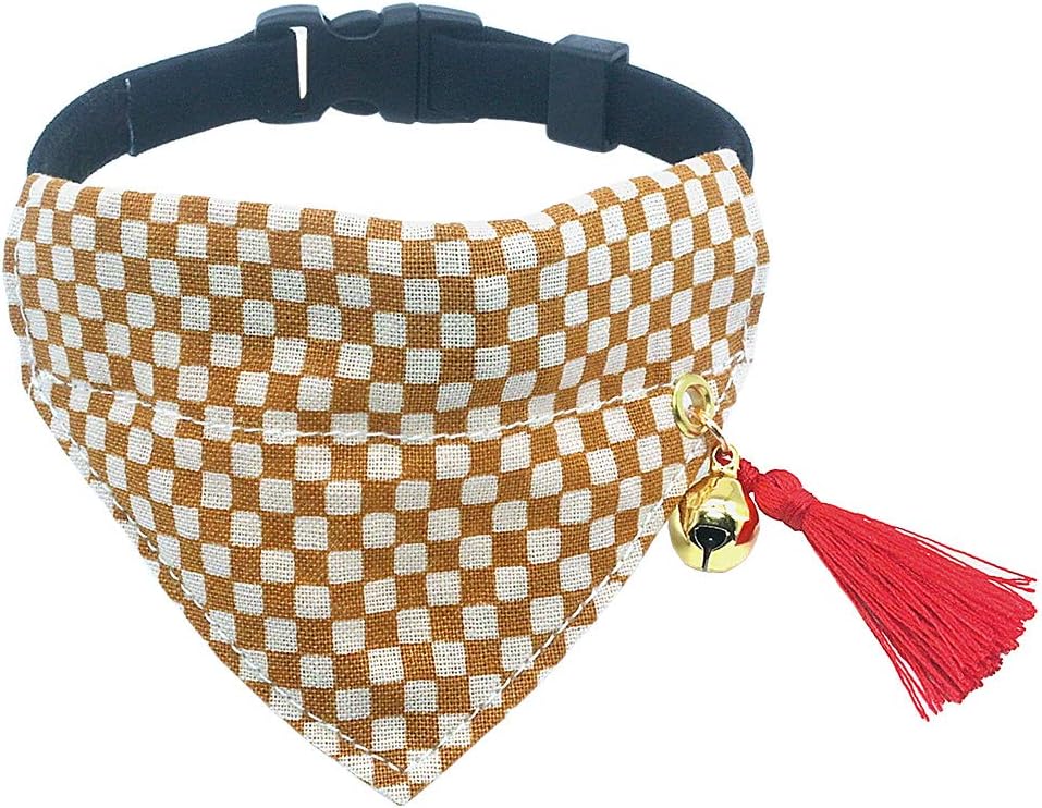 PetSoKoo Japan Tassel Bandana Cat Collar with Bell.Stylish Plaid Pattern.100% Cotton. for Cute Girl Breakaway Cat Collar. Soft,Yellow