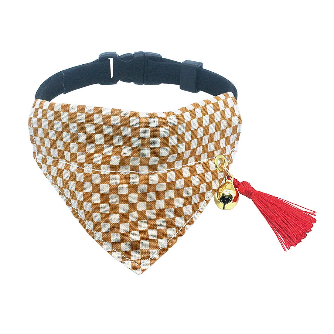 PetSoKoo Japan Tassel Bandana Cat Collar with Bell.Stylish Plaid Pattern.100% Cotton. for Cute Girl Breakaway Cat Collar. Soft,Yellow