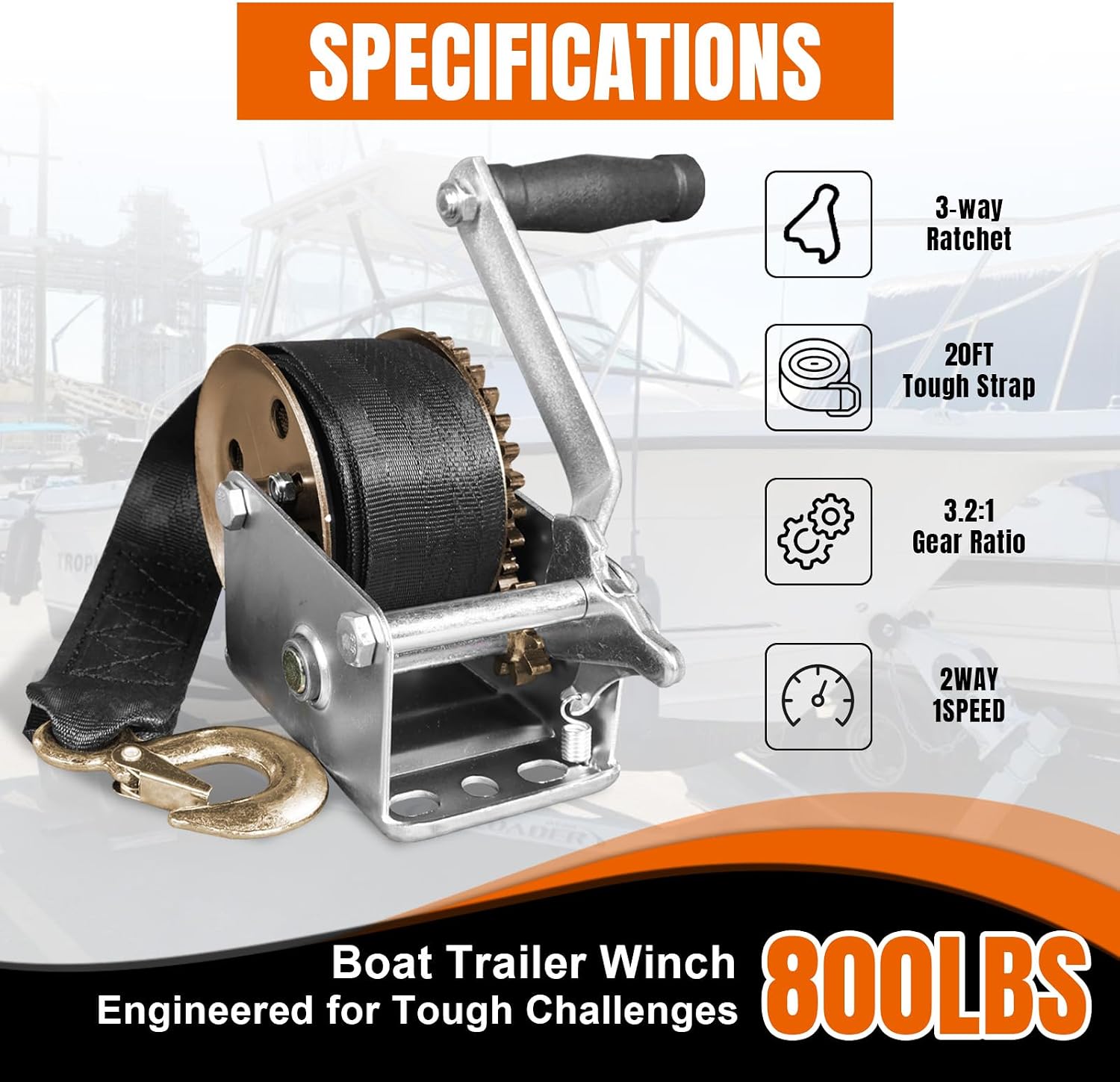 Jack Boss Hand Winch, 800 lbs Pulling Capacity, Boat Trailer Winch Heavy Duty Rope Crank with 20 FT Polyester Strap, Manual Operated Hand Crank Winch for Trailer, Boat or ATV Towing