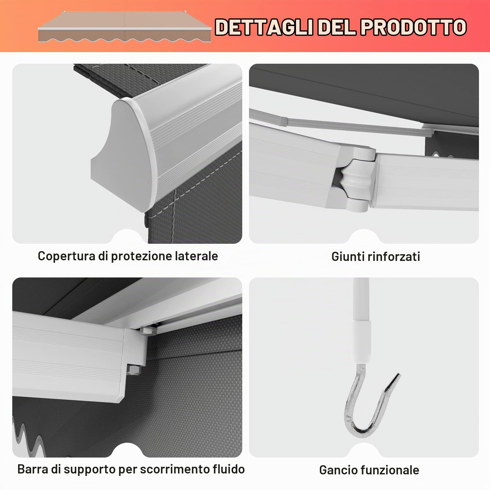 RELAX4LIFE Tenda da Sole con Bracci Estensibili 295x250cm con Manovella Manuale, Angolazione Regolabile per Balcone e Terrazzo, GRIGIO