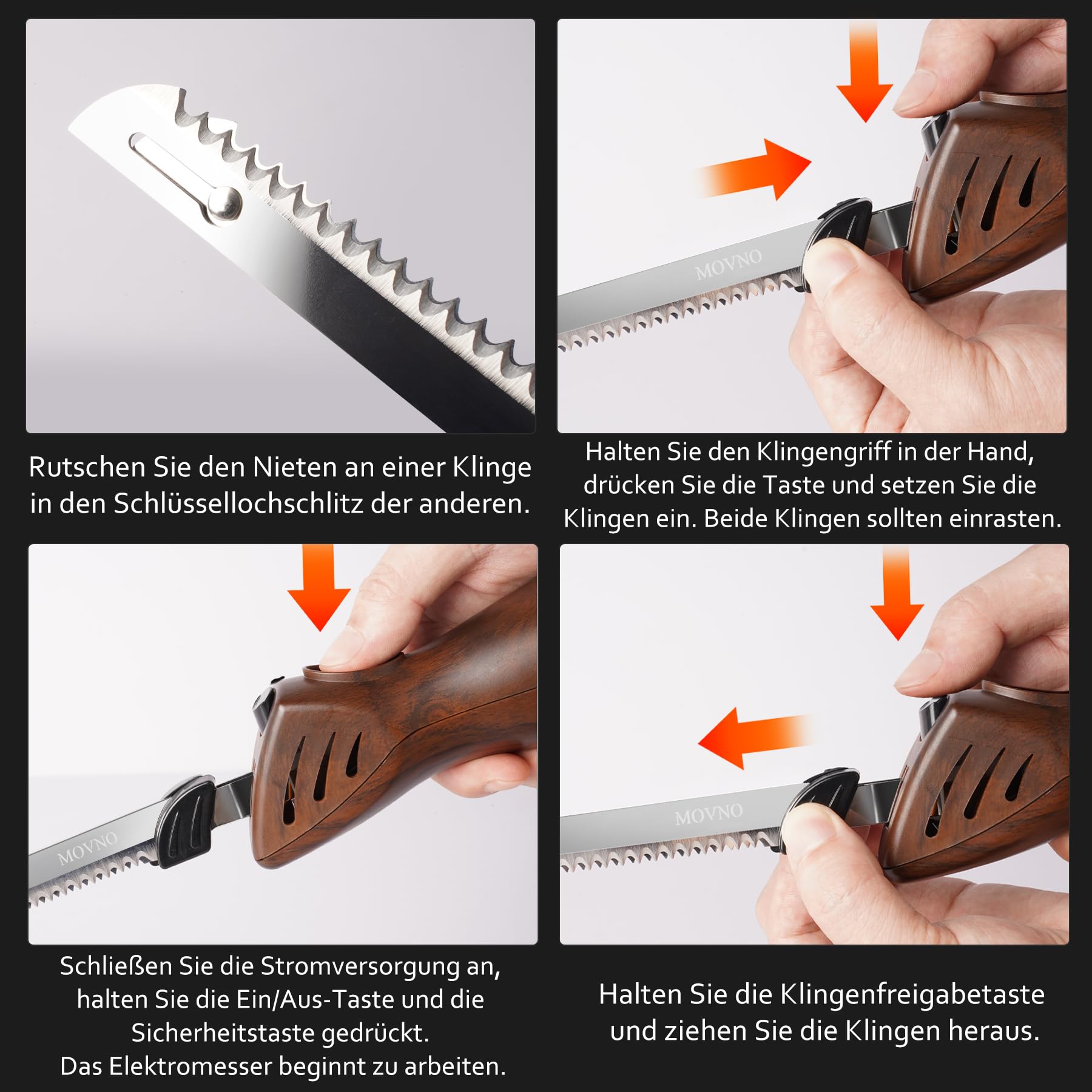 MOVNO elektrisches Messer, elektrisches Messer für Fleisch, Tranchieren von Truthahn, Brot, Geflügel, Filetieren, Schaumstoffbearbeitung und mehr, ergonomischer Griff, Gabel enthalten, Elektromesser
