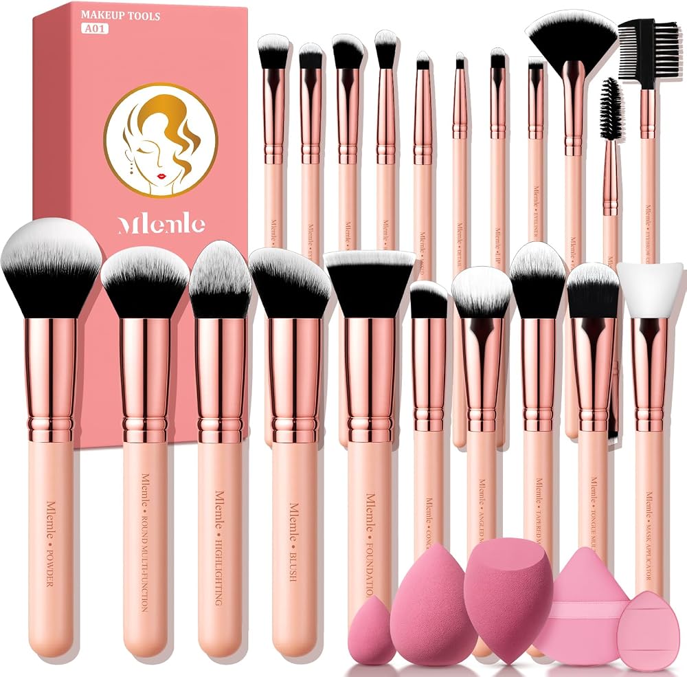 Makeup Brushes Set, Mlemle Professional 26 Pcs Makeup Kit, Include Powder Foundation Concealers Blush Eye shadows Eyebrow 21 Pcs Makeup Brushes and 2 Powder Puff, 3 Makeup Sponge(A01-Pink)
