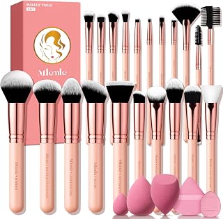 Mlemle 26-Pc Professional Makeup Brushes Set, Pink: 21 Labeled Brushes + 3 Sponges + 2 Puffs for Flawless Foundation, Eyes, Blush (A01)
