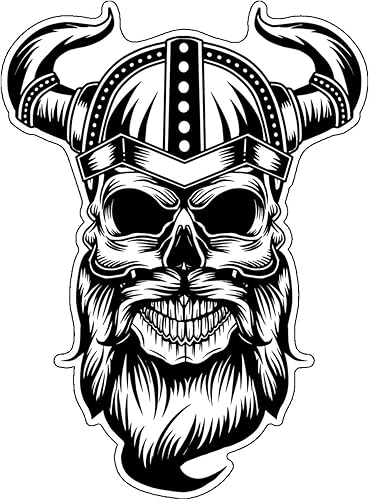 WickedGoodz Calcomanía escandinava de calavera vikinga con casco con cuernos, calcomanía nórdica