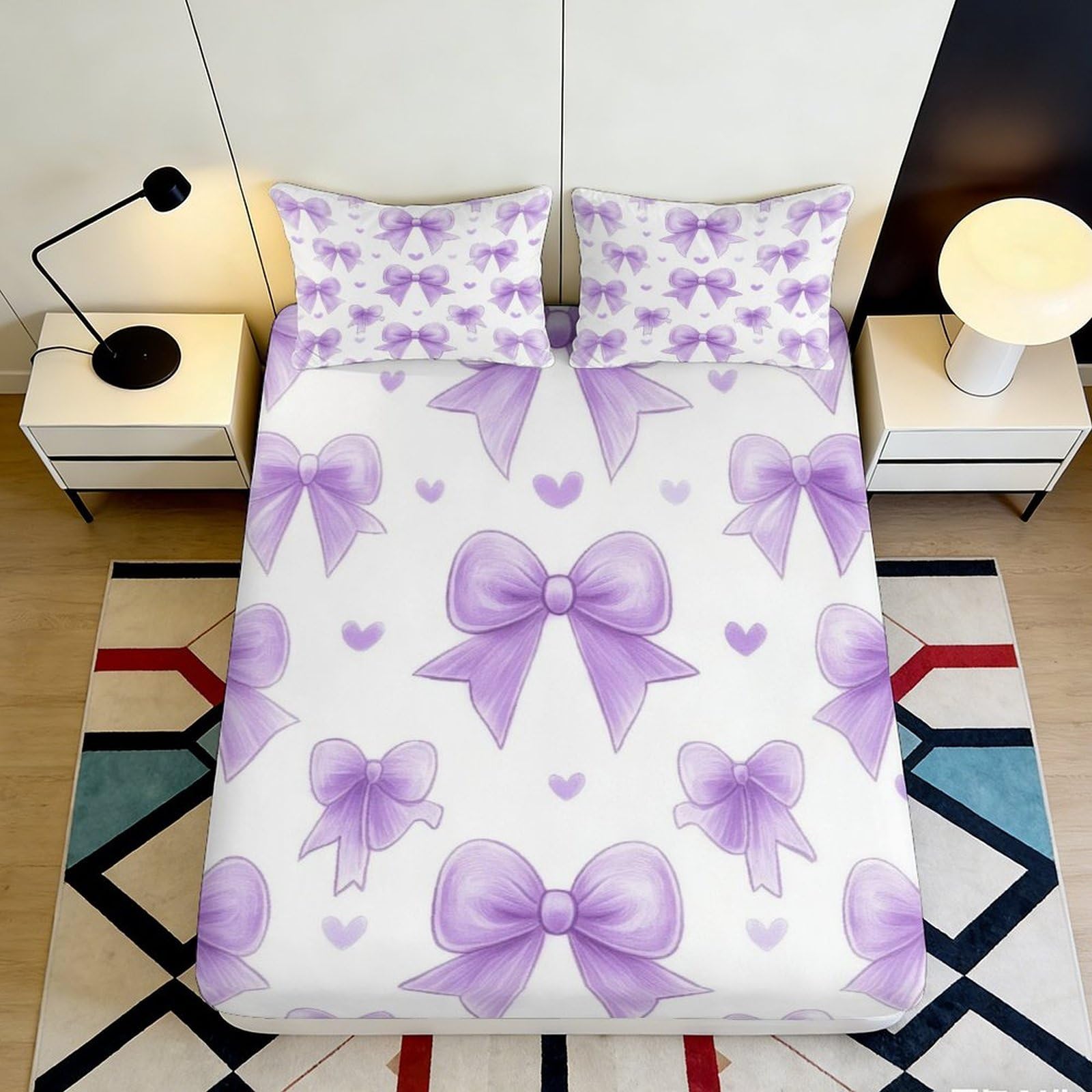 3D Printed Purple Bow Fitted Sheet Microfiber Soft Decorative Heart Mattress Cover for Bedroom Dorm Apartment 90x200x25cm