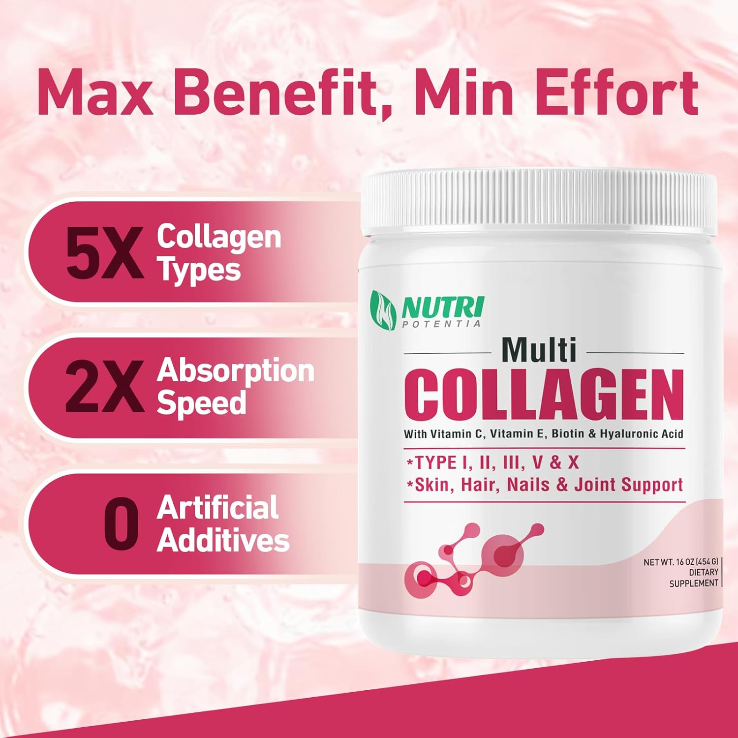 Multi Collagen Peptides Powder - Type I, II, III, V, X with Vitamin C, E & Hyaluronic Acid, Hair, Skin, Nail Support | Unflavored, Non-GMO, Easy Mix - 45 Servings