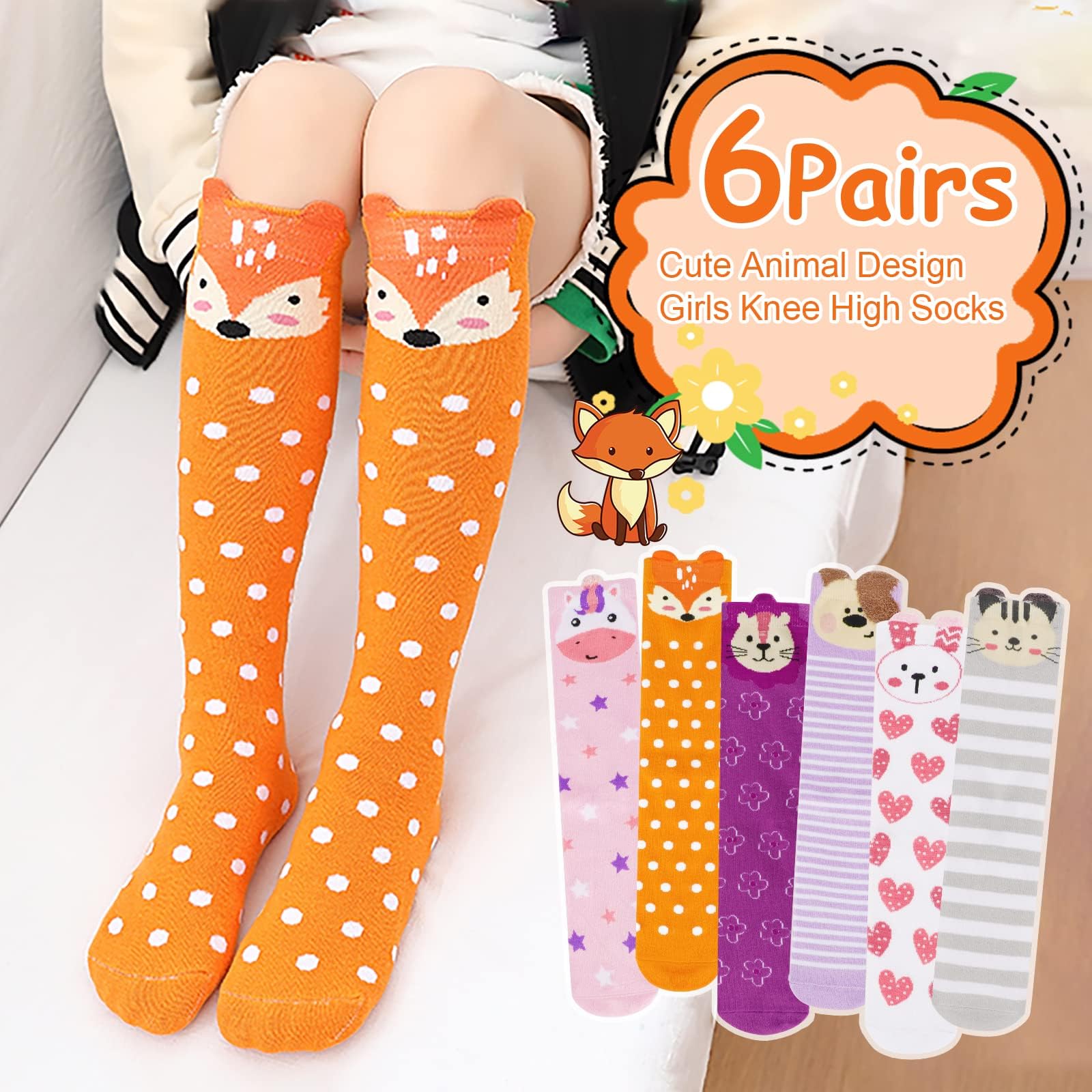 XEPST 6 Paires Filles Genou Chaussettes Hautes - Cartoon Genou Chaussettes Chaudes en Coton Mi-mollet Chaussettes pour 3-12 Ans Filles Anniversaire Cadeau De Noël - Taille Unique, Animaux A