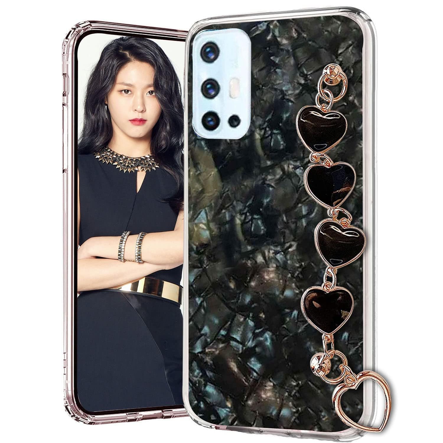 KC Back Cover for Vivo V17, Non Moving Dry Fixed Glitter Furry Love Hearts Bracelet Chain Holder Soft Silicone Case (Black) (B09QQJFZ38) Amazon Price History, Amazon Price Tracker