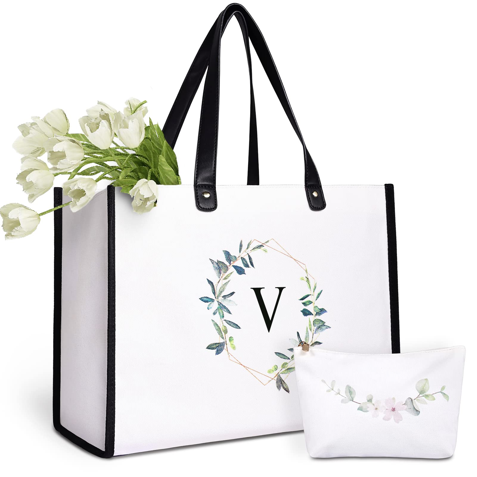 Lamyba Personalized Initial Canvas Beach Bag, Monogrammed Gift Tote Bag for Women with Makeup Bag and Top Zipper