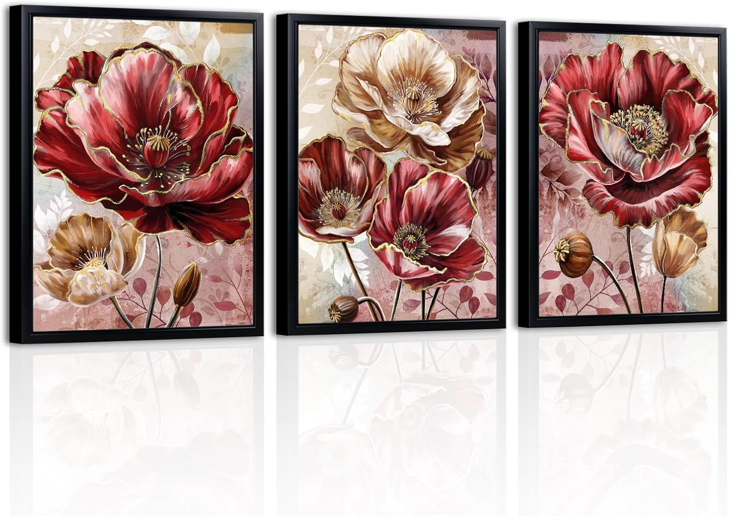 LevvArts Framed Floral Canvas Wall Art Set of 3 Poppy Flowers Paintings Green and Brown Bathroom Decor (Red)