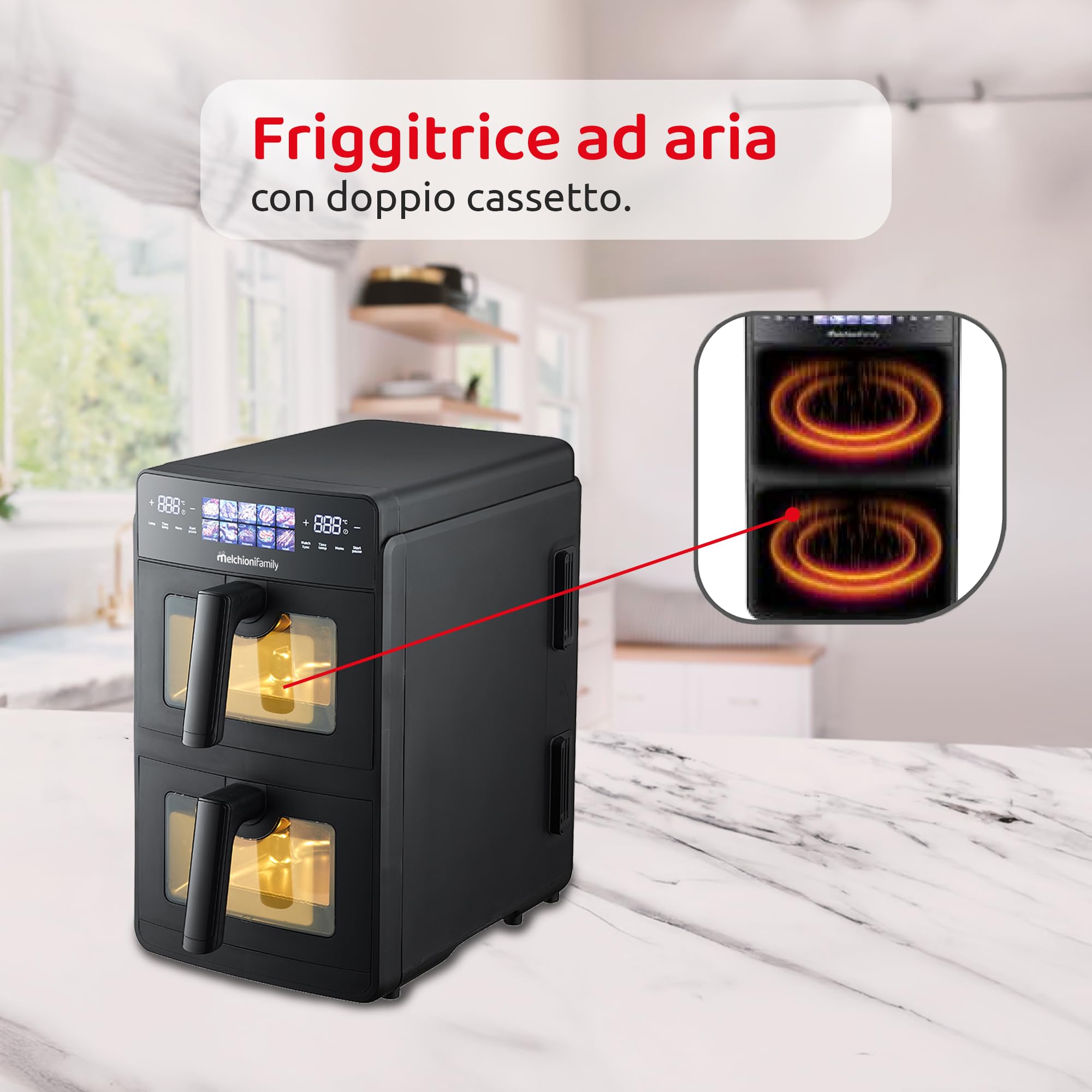 Melchioni Family Giulia Luftfritteuse, 10 l, doppelte Schublade, leistungsstark und vielseitig, 2.600 W, Stromversorgung 220-240 V