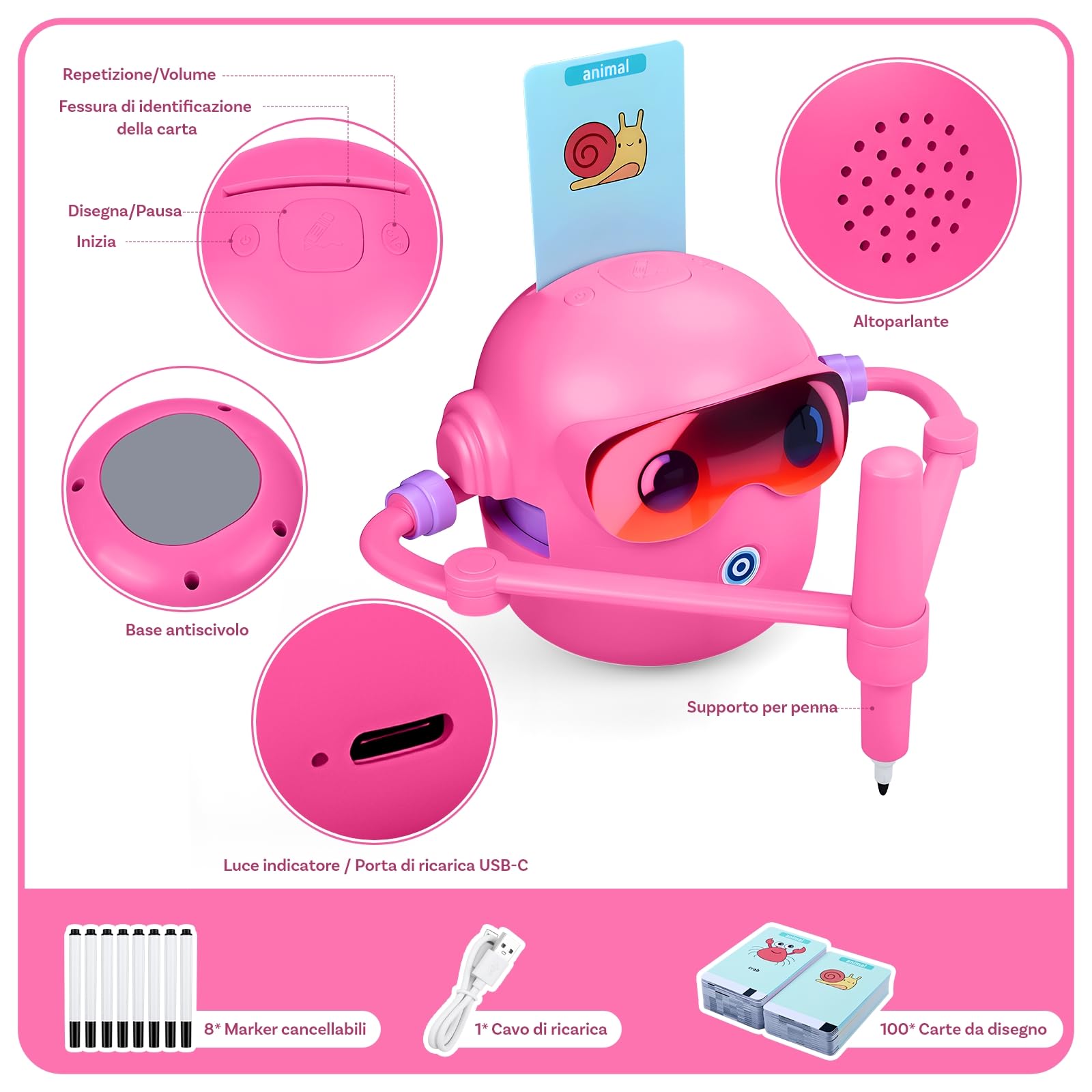 MMOBIEL Robot da Disegno per Bambini Giocattolo Educativo Interattivo con 100 Carte, 12 Pennarelli Colorati, Guida Vocale e Batteria Ricaricabile USB-C – Regalo Creativo per Età 3-9 – Rosa