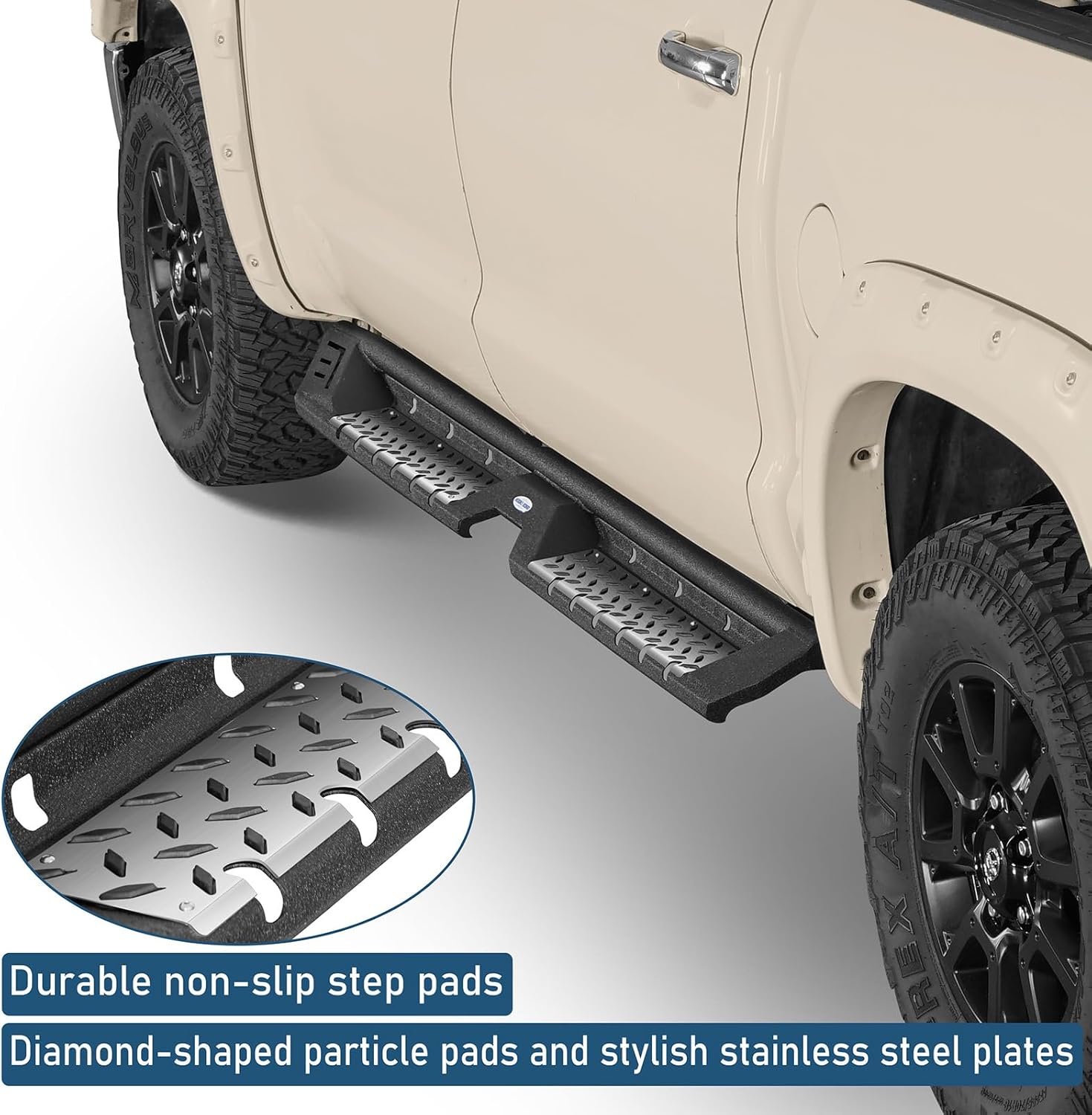 Hooke Road Tundra Running Board Side Step Bar for 2007-2021 Toyota Tundra CrewMax with 4 Full-Size Doors, 4" Drop Down Rock Sliders Rails with Non-Slip Pads