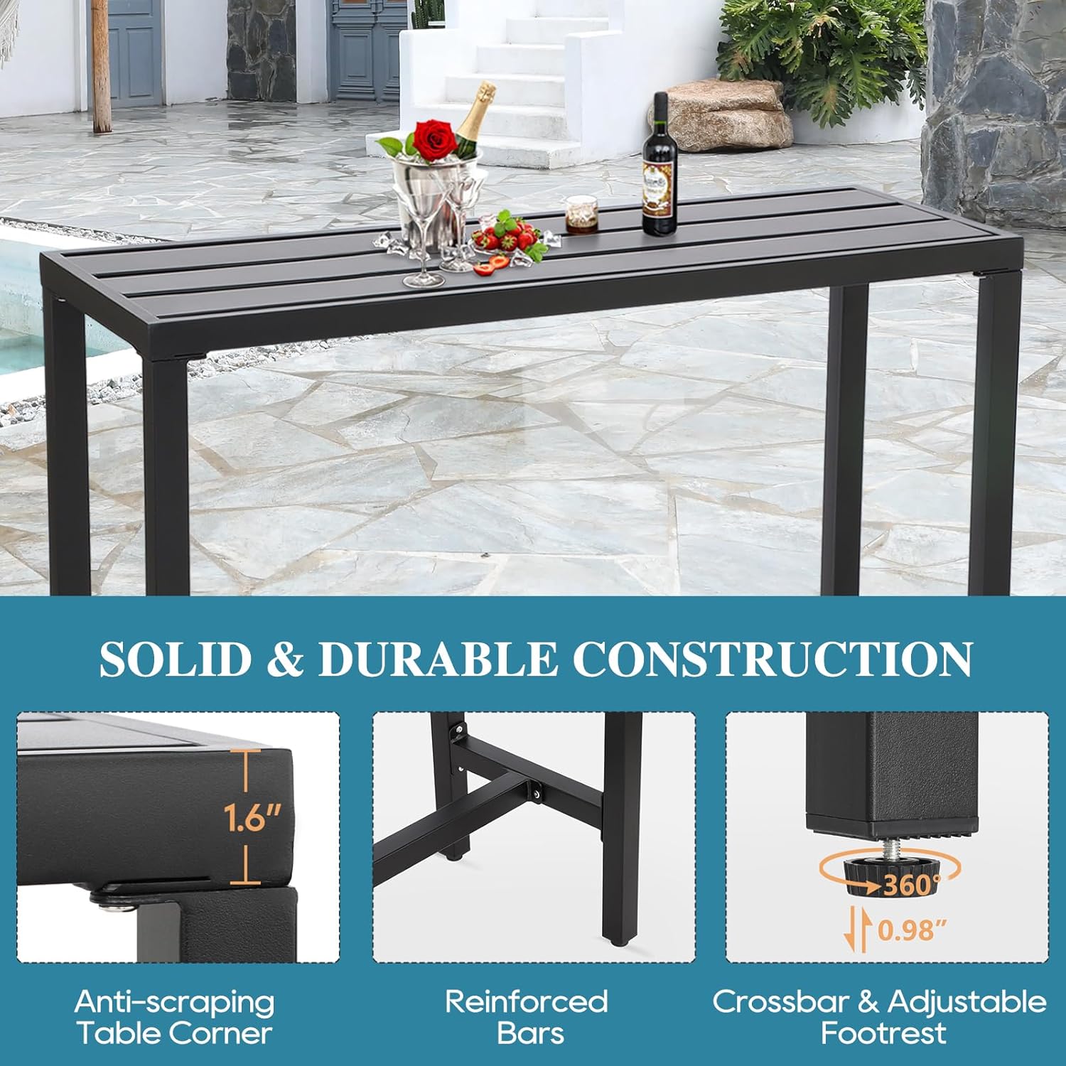 Outdoor Bar Table, Patio Console Pub Height Table with Powder Coated Steel Frame, Weather Resistant Waterproof Top for Hot Tub, Balcony, Garden, Yard, Poolside