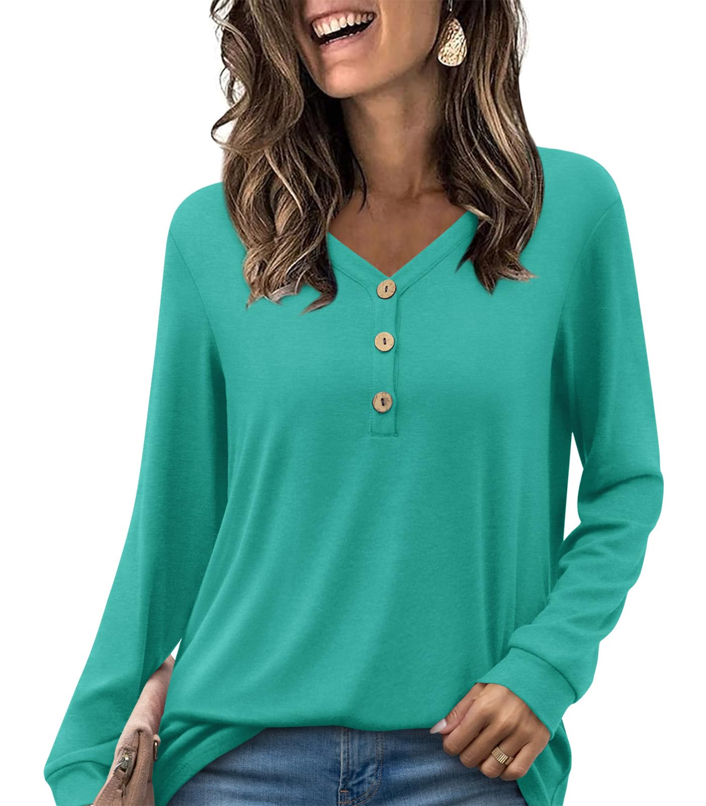 HOTGIFT 2025 Women Tops Shirts Winter Fall Long Sleeve Blouse Casual Tshirts Vneck Button Down Henley Sweater Tunic