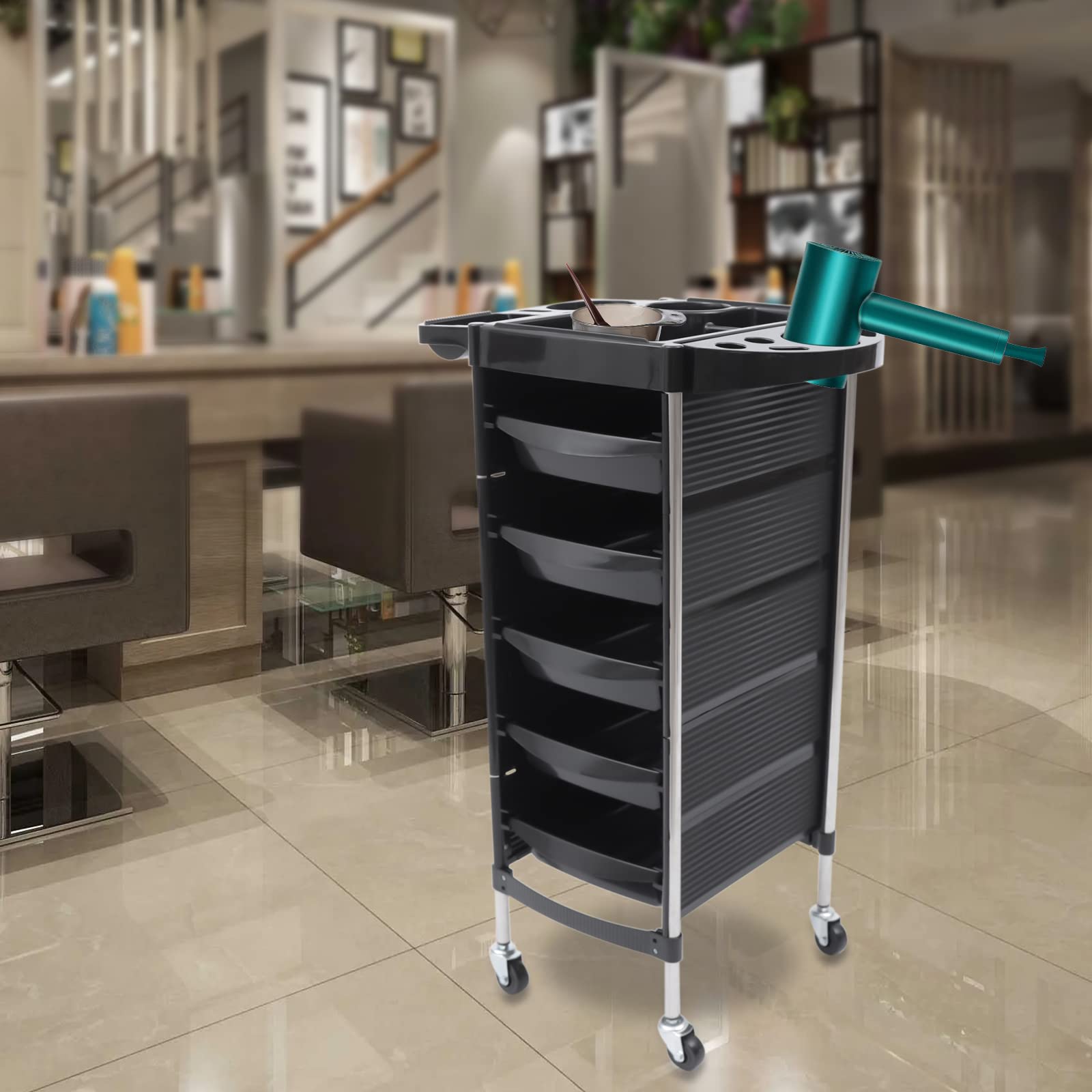 Friseurwagen Arbeitswagen mit 5 Schubladen, Kosmetikwagen Salon Trolly, Freistehend bis 8KG, 52.5x37x90CM, Schwarz