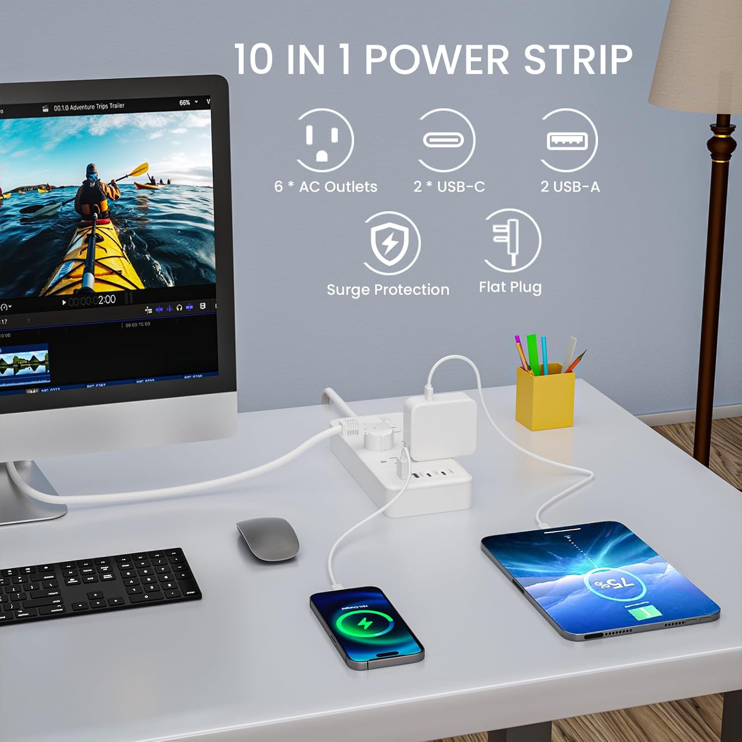 3Ft Extension Cord Power Strip - Surge Protector with 6 AC Outlets 4 USB Ports (2 USB C Port), 17W Max for Phone, Kiudth Flat Plug Power Strip for Travel, Home Office, College Dorm Room Essentials