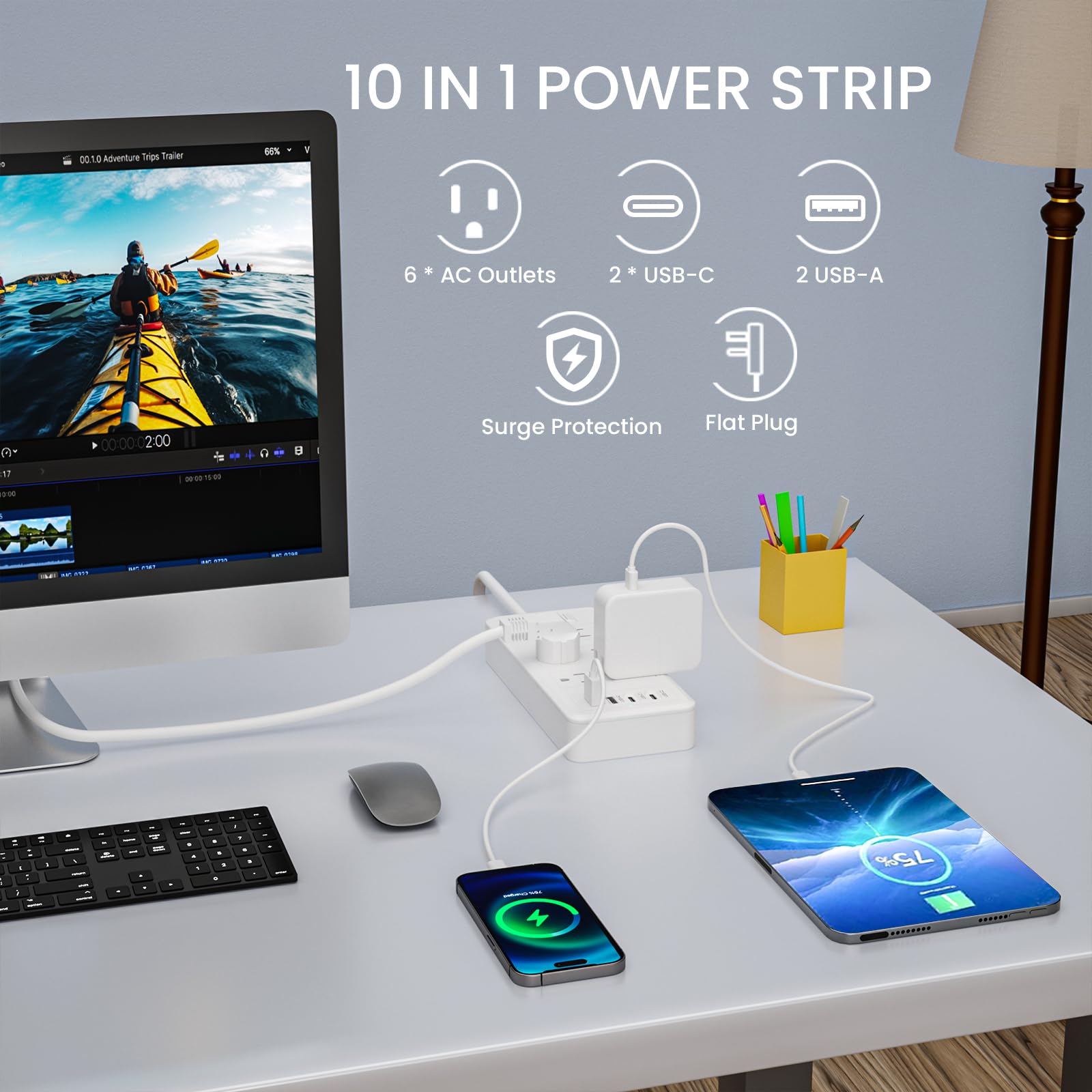 Verlängerungskabel, 1,8 m, Überspannungsschutz mit 6 AC-Ausgängen, 4 USB-Ports (2 USB-C-Ports), max. 17 Watt für Telefon, flacher Netzteil, Kiudth für Reisen, Büro