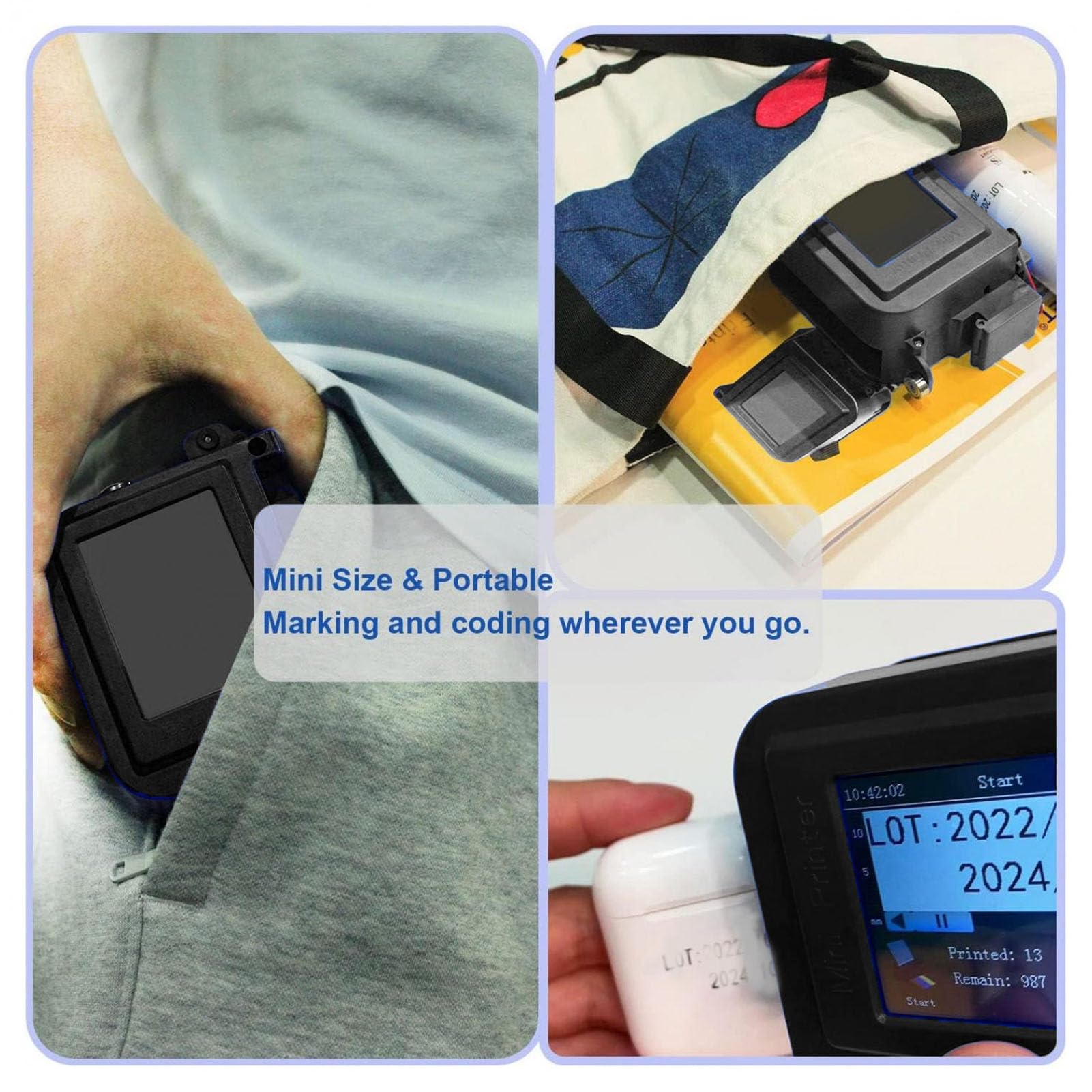 Fabater Imprimante à Jet d'encre Portative, Mini Imprimante Portable avec Cartouche à Séchage Rapide, Machine de Codage de Poche pour Date et Code-Barres