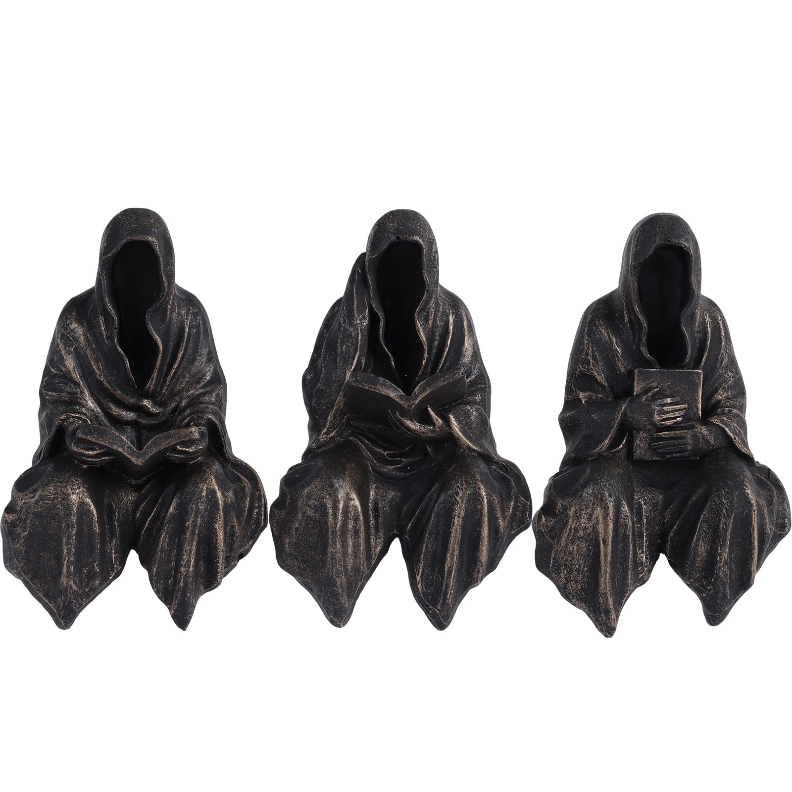 2.95" Mini Reading Statue Bookshelf Figure Set of 3,Gothic Grim Reaper Statue,Mystery Reading Figurines Sitting Sculpture for Bookshelf Decor Fantasy,