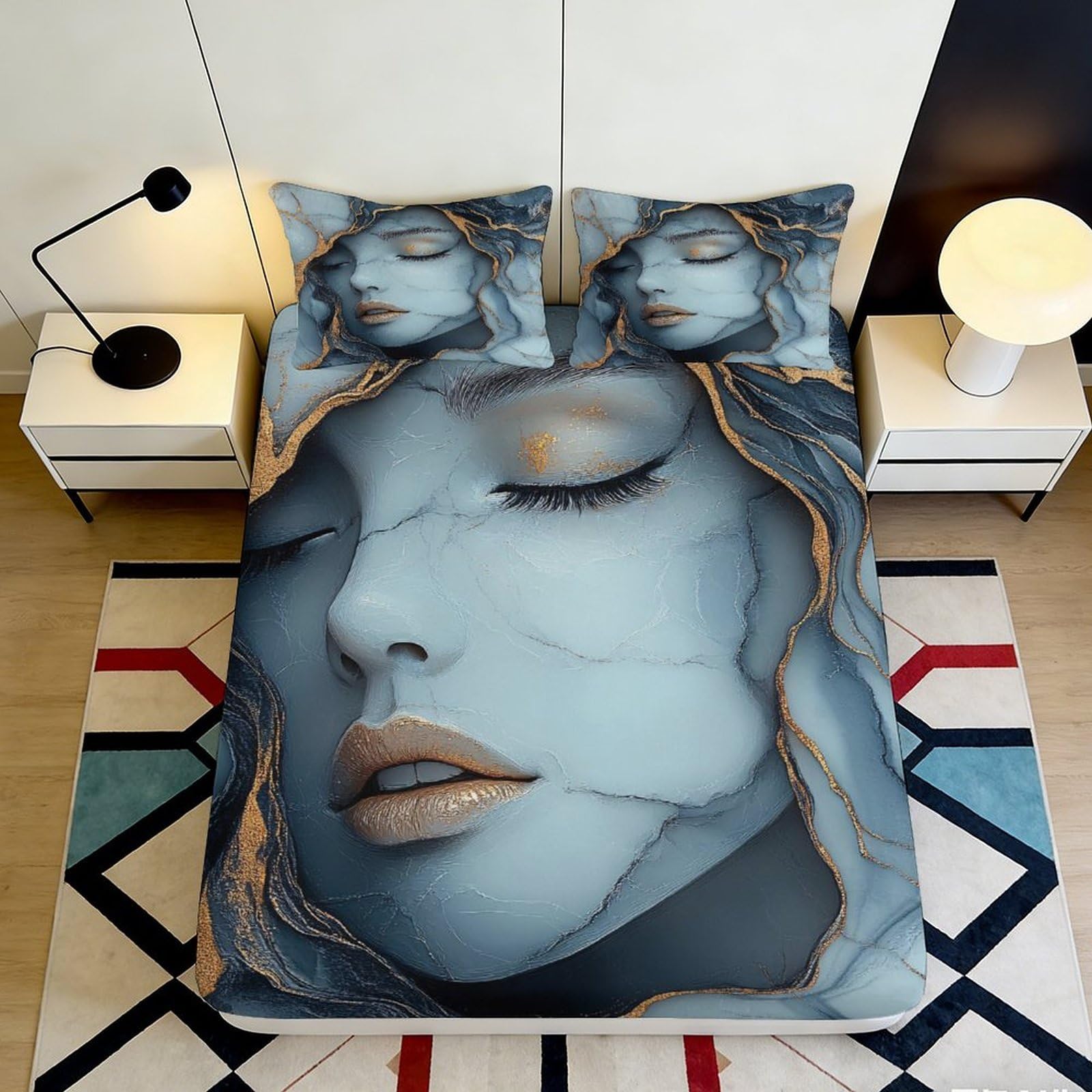 3D Printed Artistic Portrait Fitted Sheet Microfiber Deep Pocket Non-Slip Artistic Portrait Mattress Fitted Cover Bedding for Adults 160x200x25cm