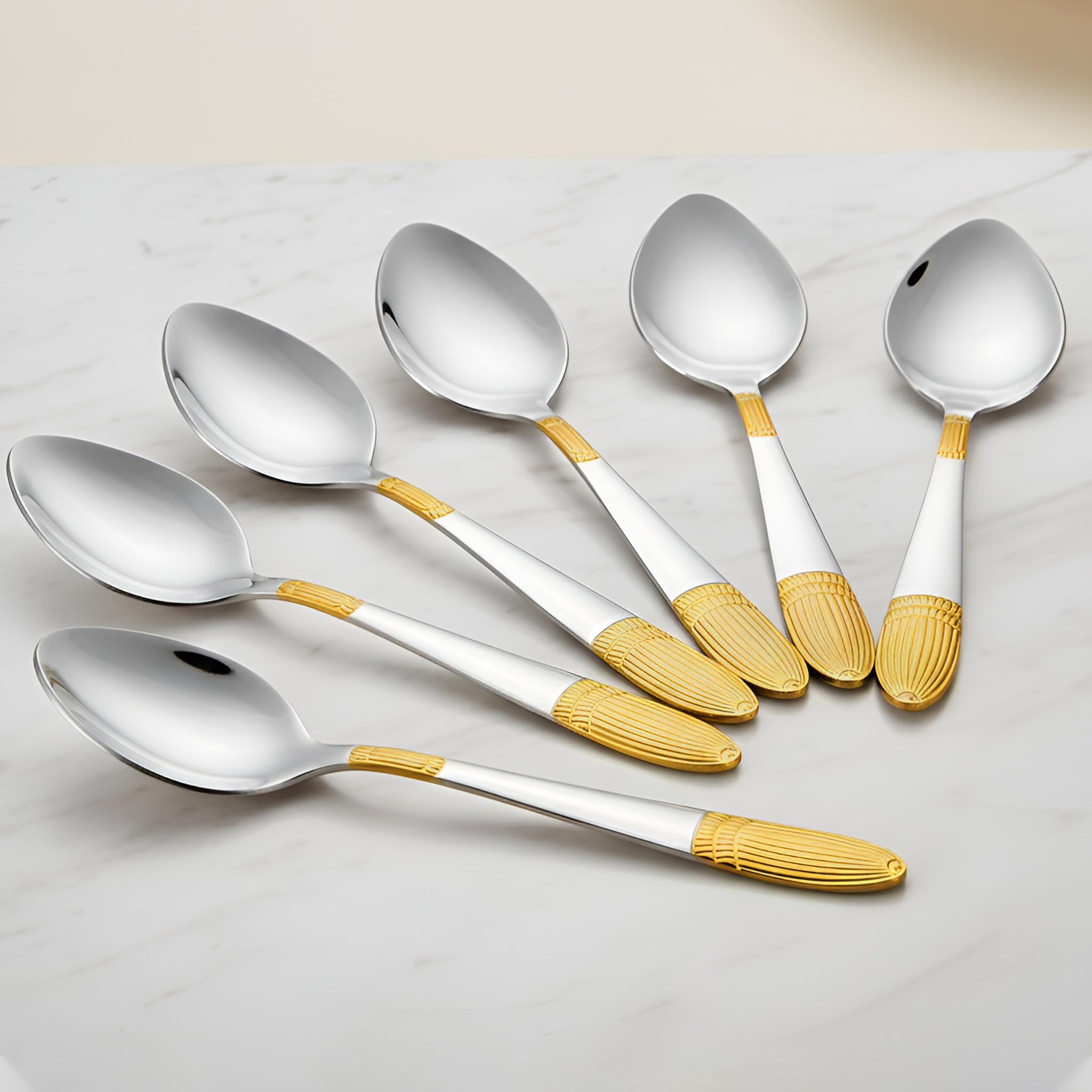 Parage Stainless Steel Golden Spoons Set of 6, 18 cm Long, Premium Spoons for Home & Kitchen, Luxury Dinning Tableware Gift for House Warming,24k Gold Big Spoons, Ivory Design