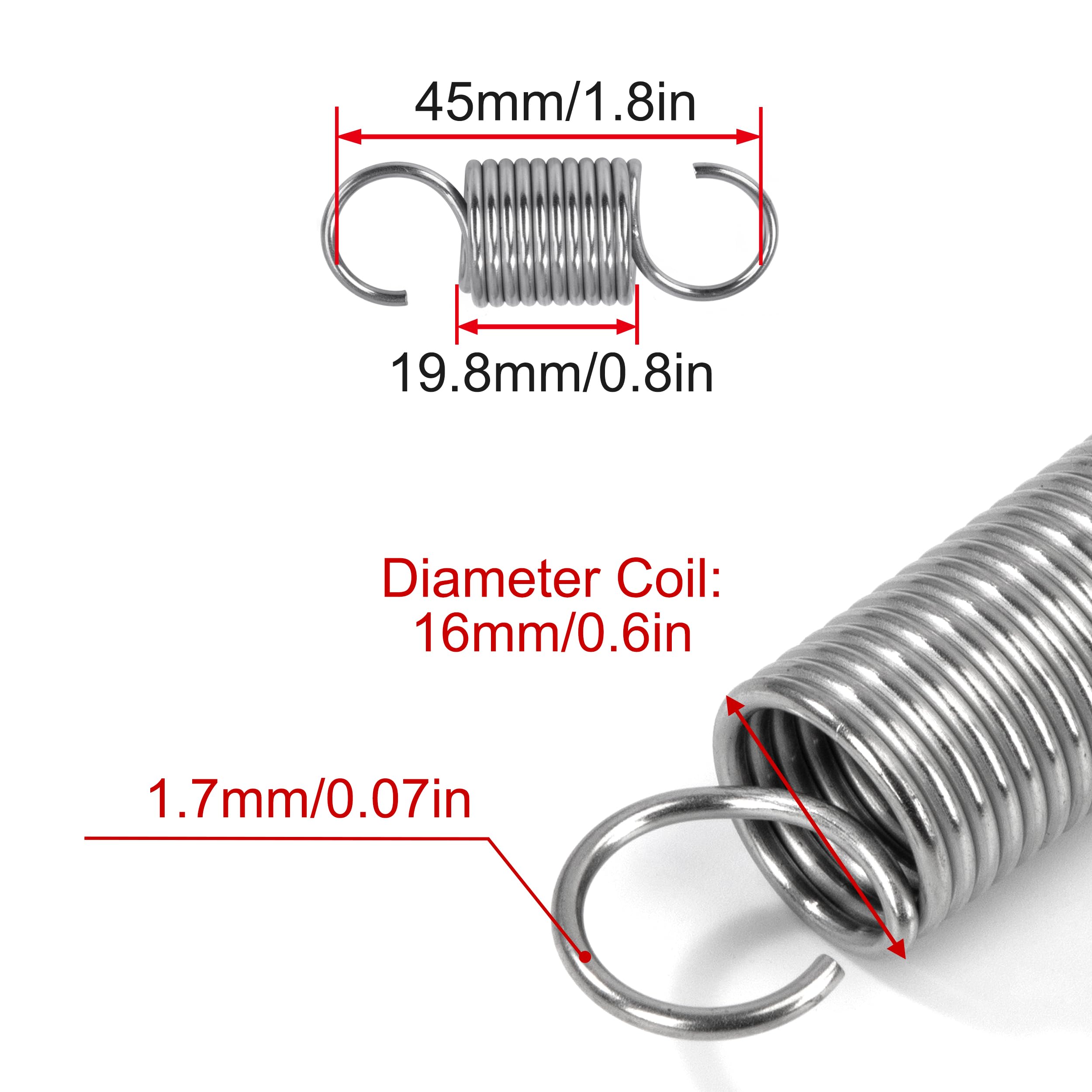 GUNGY Zugfedern Edelstahl 10 Stück - Spannfedern Mit Haken 0,9x8x45mm Bis 1,90kg Zugkraft