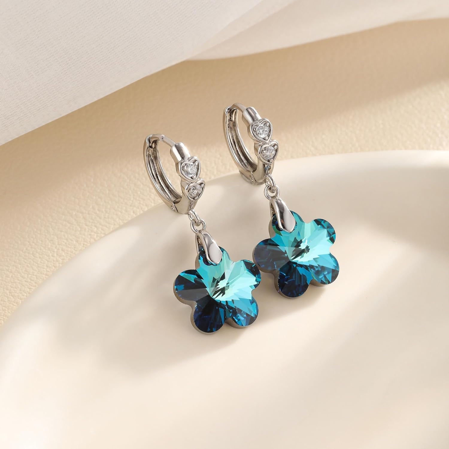 EVEVIC Trendy Austrian Crystal Flower Drop Leverback Earrings for Women 14k White Gold Plated Huggie Earring Hypoallergenic Jewelry Gift - Image 4