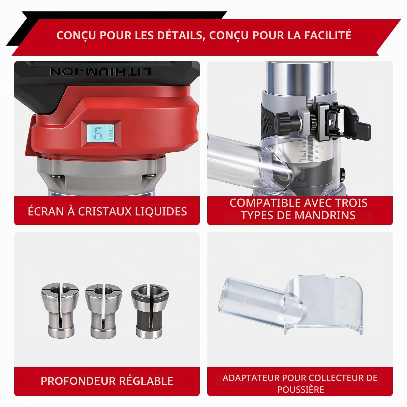 ONEVAN Affleureuse sans fil, fraisage de 30mm, avec 3 pinces et 2x 3,0Ah | 6 vitesses, sans balais, affichage numérique, pinces 6/6,35/8 mm, raccordable à un aspirateur [ébénisterie] [bois DIY]