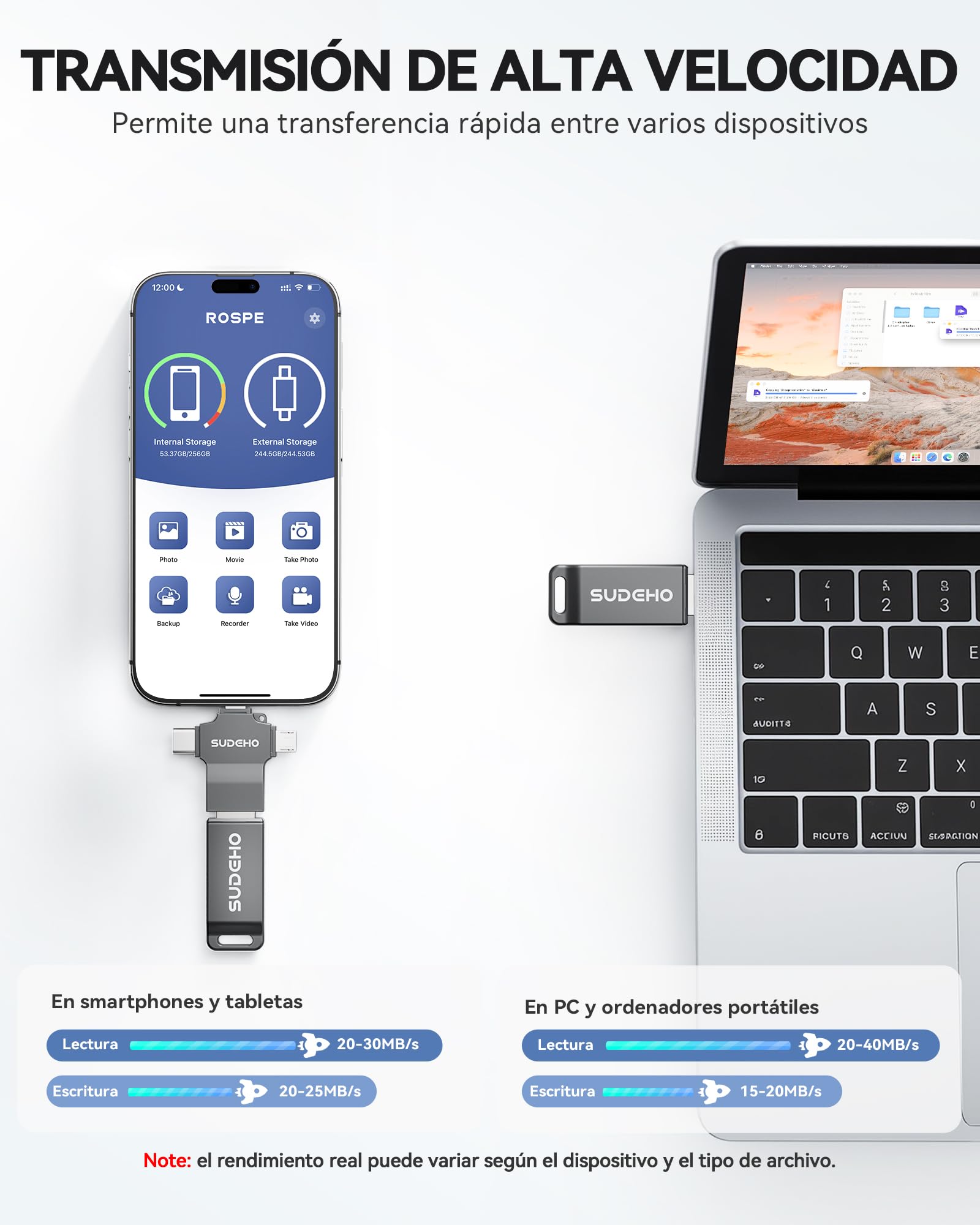 Memoria USB 128GB para iPhone con certificación MFi, Memoria Externa 4-en-1 USB 3.0 de Alta Velocidad, Pendrive iPhone para lPhone/iPad/Android/PC/Mac, USB para Fotos, Vídeos y Música, Negro