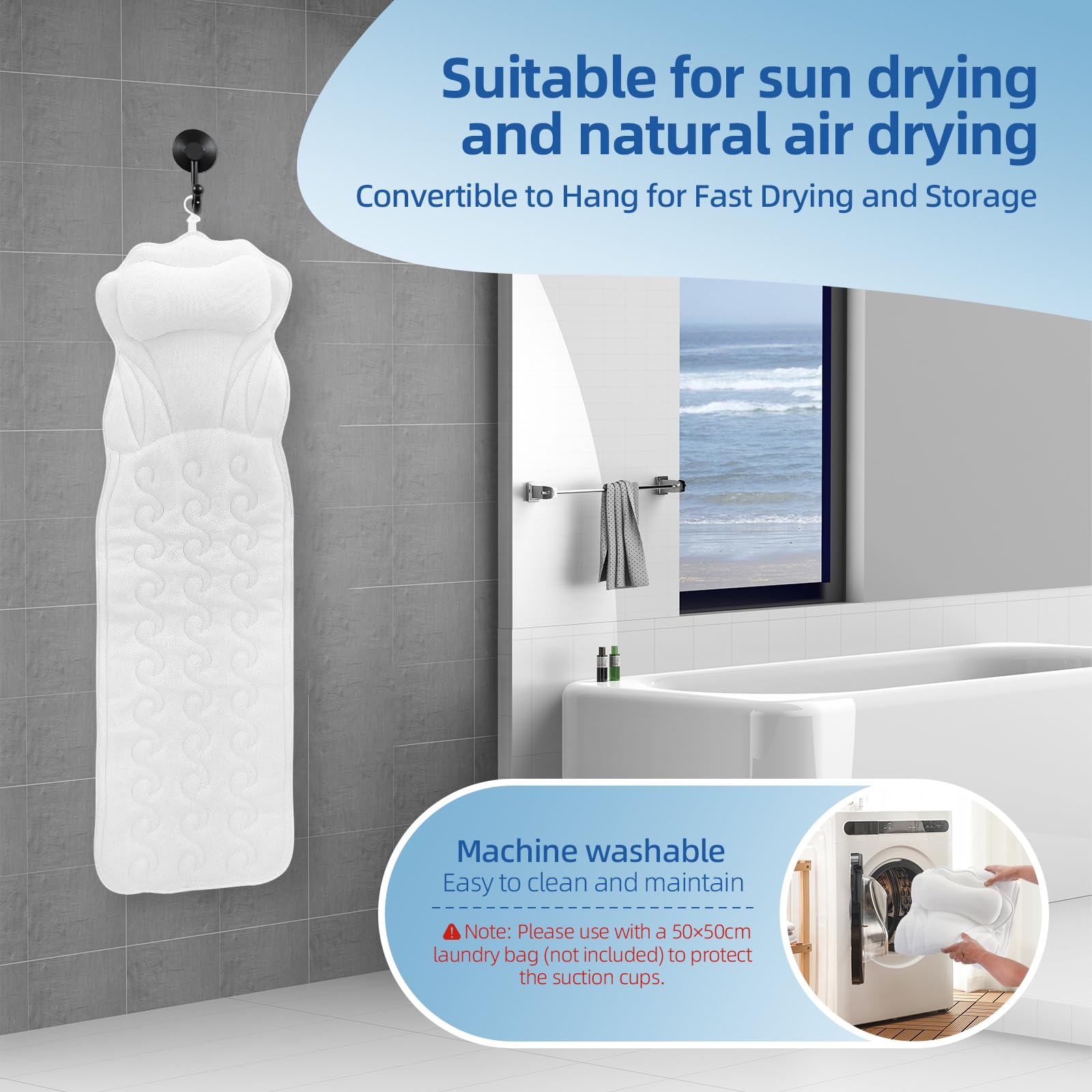 Coussin de Bain pour Tout Le Corps,Tapis de Baignoire épais avec Coussin pour Femmes,Tapis de Baignoire épais avec 16 Ventouses Coussin de Baignoire pour la Tête,la Nuque,Les épaules
