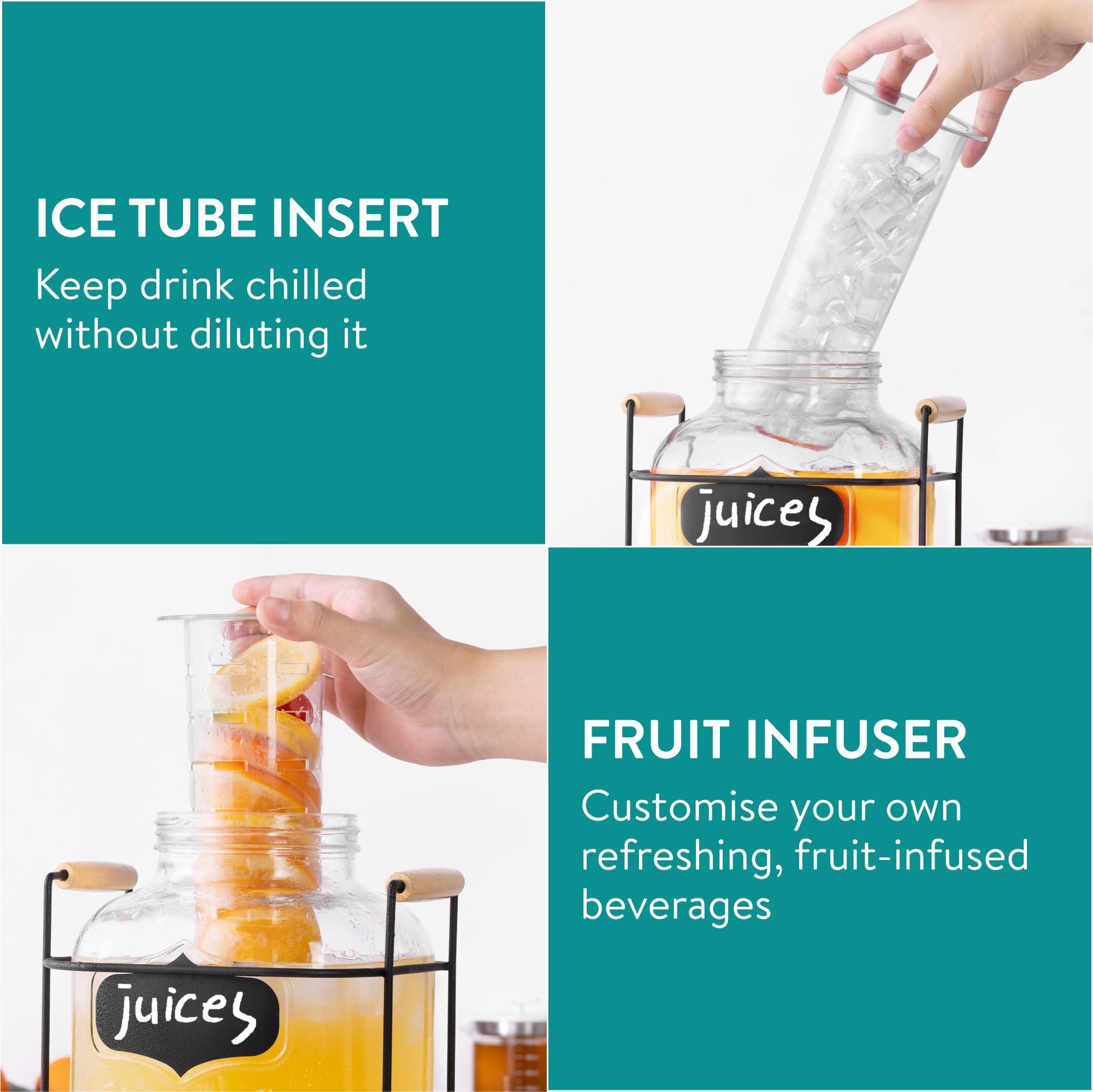 Dispenser per Bevande in Vetro 5 Litri Navaris - Distributore Acqua con Rubinetto e Supporto in Ferro