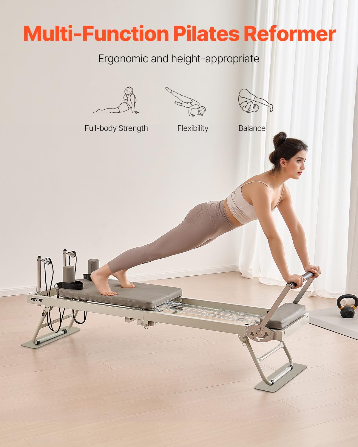 VEVOR Riformatore Pilates Pieghevole, Macchina per Allenamento Pilates per Palestra Casa, Letto Pilates con Doppia Resistenza Molla e Corda, per Utenti Avanzati Principianti, 2080x560x725 mm