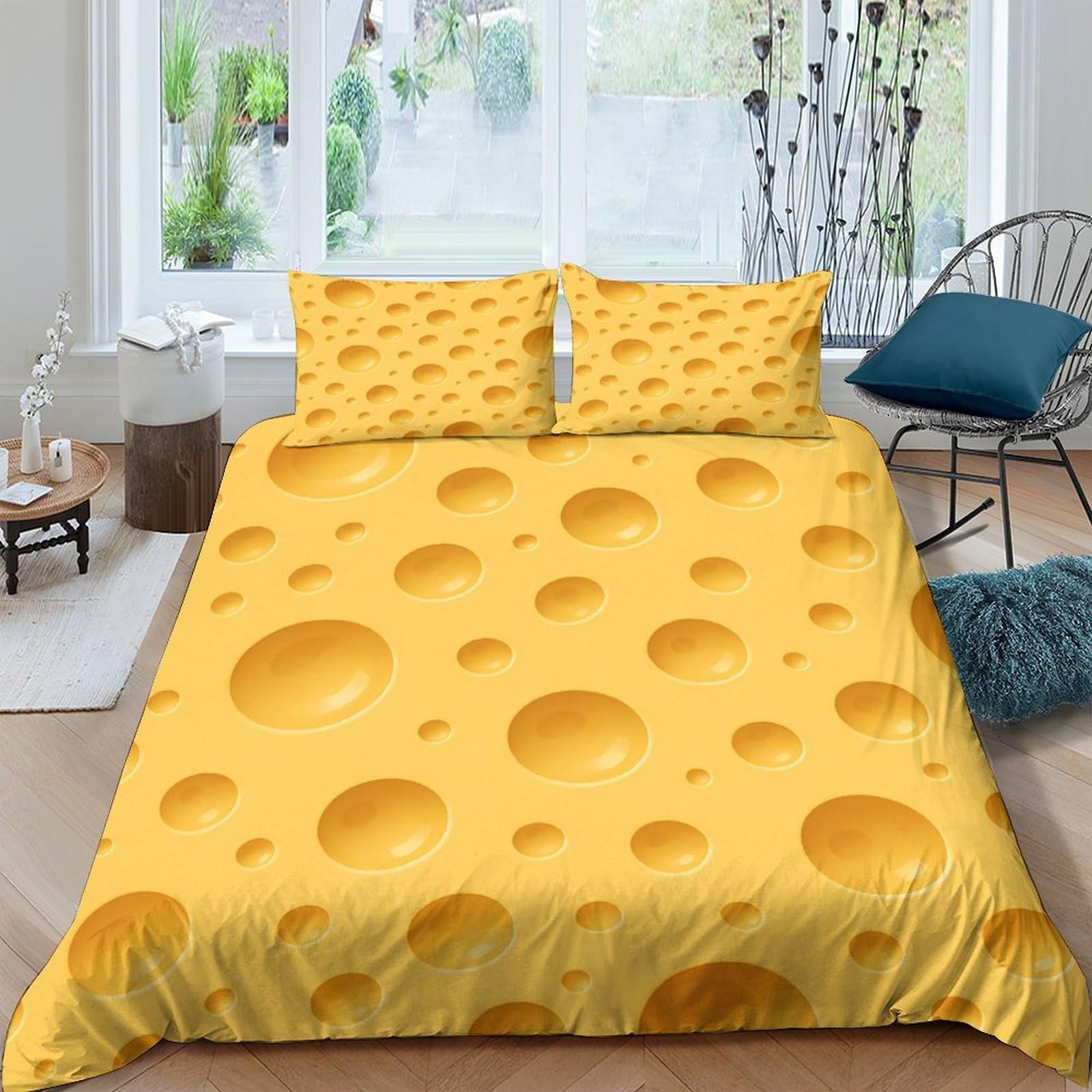 GPLZQXKJNH 3D Printed Cheese Pattern Duvet Cover Microfiber Yellow Swiss Cheese Bedding Set with 2 Pillowcases for Bedroom Home Decor Single（135x200cm）