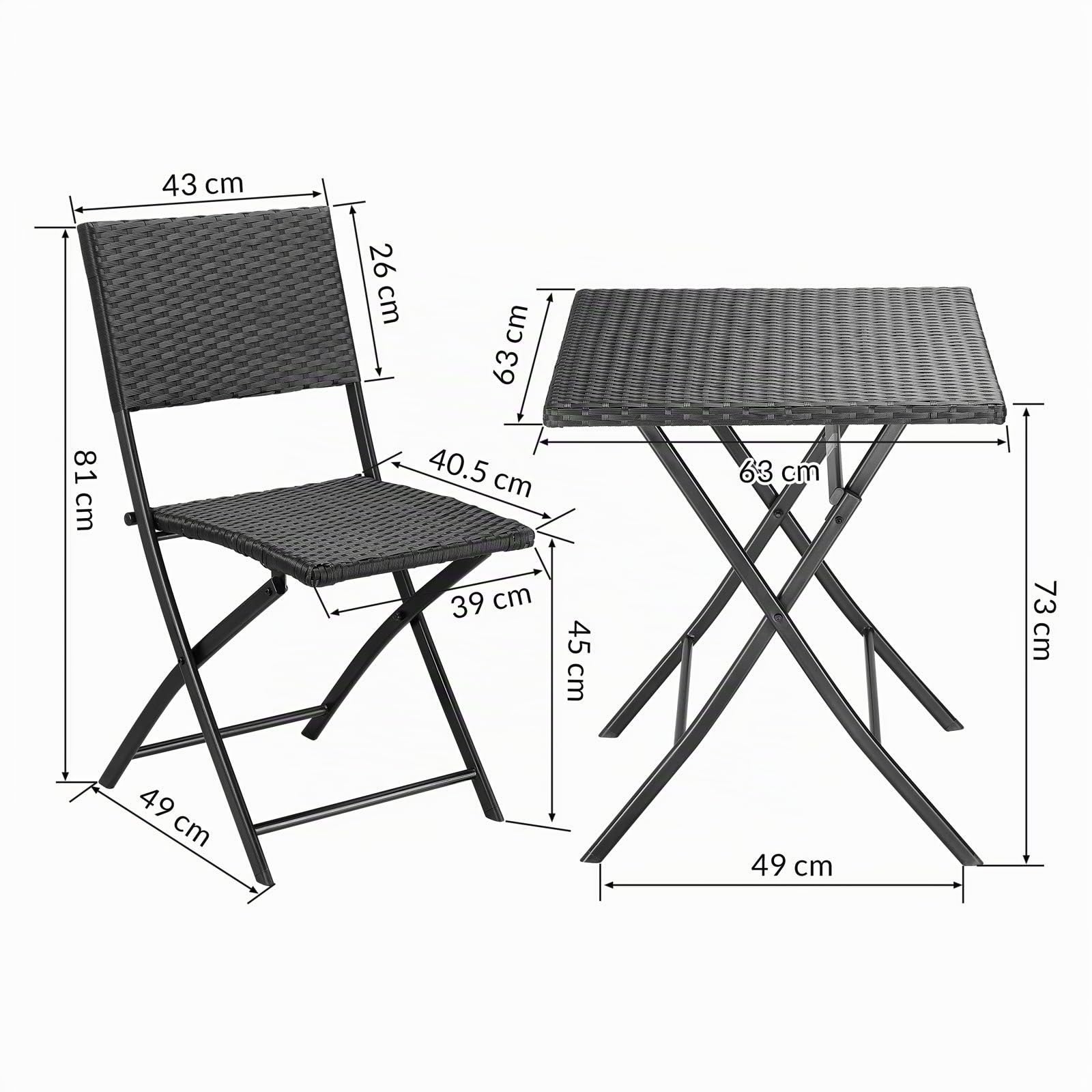 Casaria Mobili da Balcone in Polyrattan Set 3 Pezzi Pieghevole Salvaspazio 2 Persone Balcone Terrazza Giardino Arredo