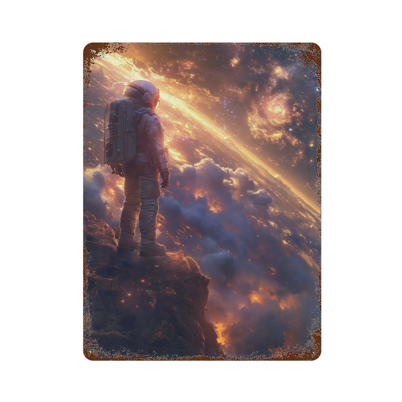 Astronaut Cosmic Sunset Rusty Metal Tin Sign 15.7"x11.8", for Pub, Kitchen And Man Cave Decor, Novelty Wall Decor