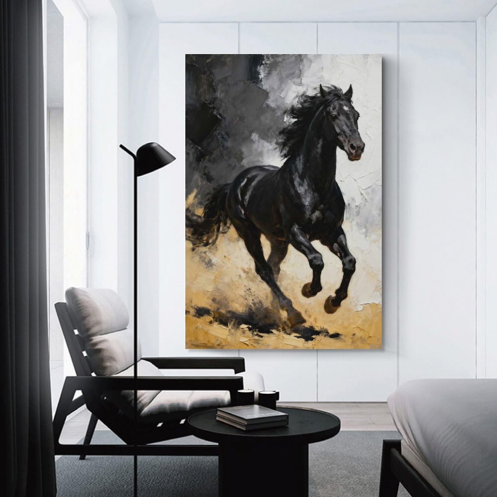 Junmoney Hanging Wall Art Black Horse Galloping Painting, 24x36inch(60x90cm), for Wall Displays, Bedrooms Or Room Updates, Wall Decor Suited to Curated Displays