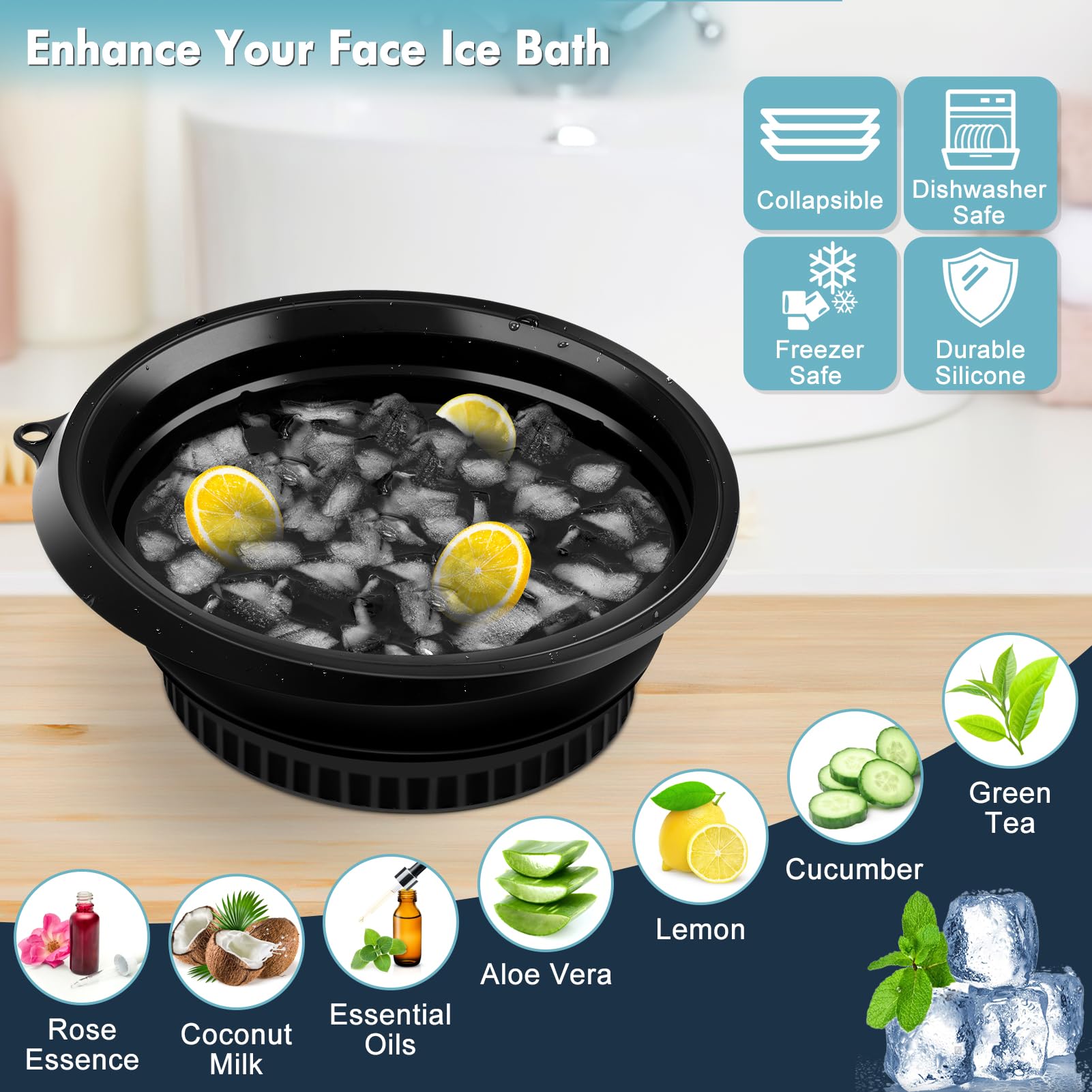 Foldable Ice Bowl with Built-In Ice Tray – Silicone Facial Ice Bath for Shrinking Pores, Boosting Circulation, Cold Plunge Skincare Gift for Men & Women (Black) 3