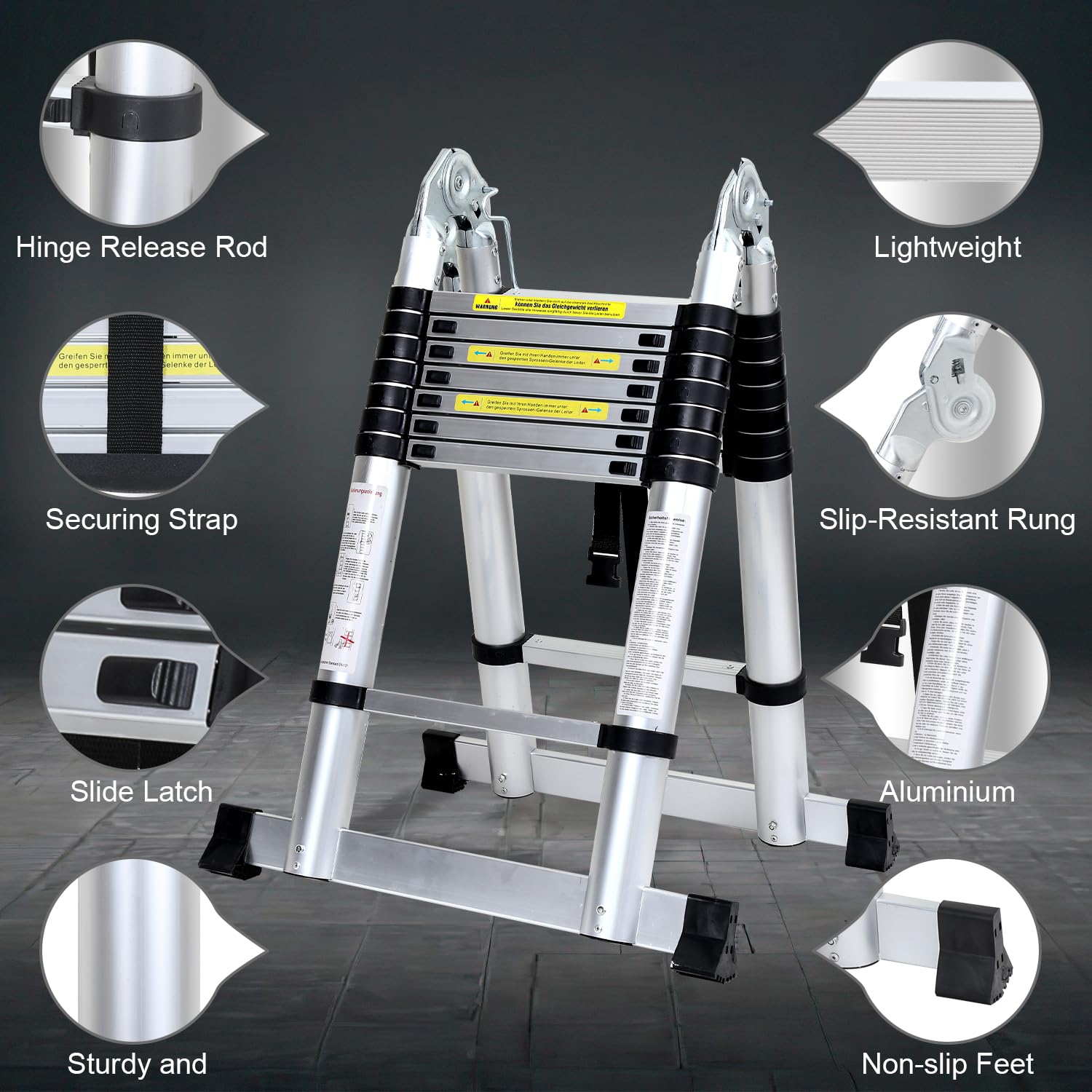 Escalera telescópica de aluminio, 3,2 m, portátil, extensible, telescópica, escalera multiuso antideslizante, capacidad de carga de 150 kg, para jardín, interiores y exteriores